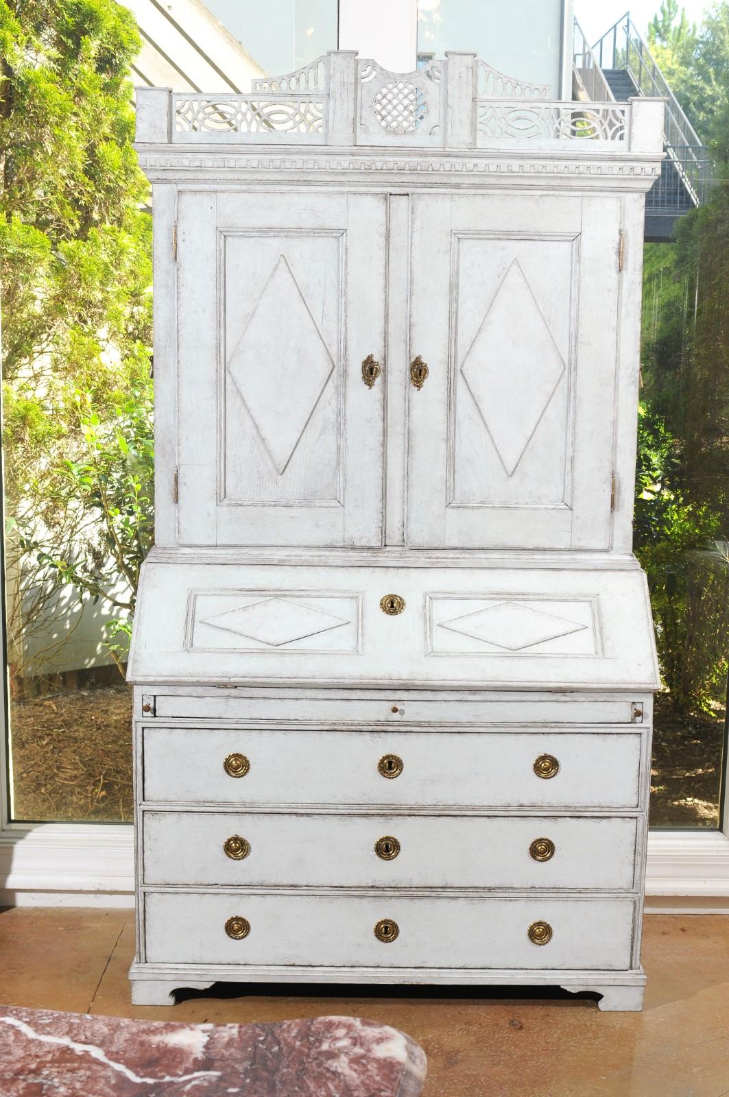 Wood Scandinavian Two-Part Painted Tall Secretary with Slant Front Desk and Drawers