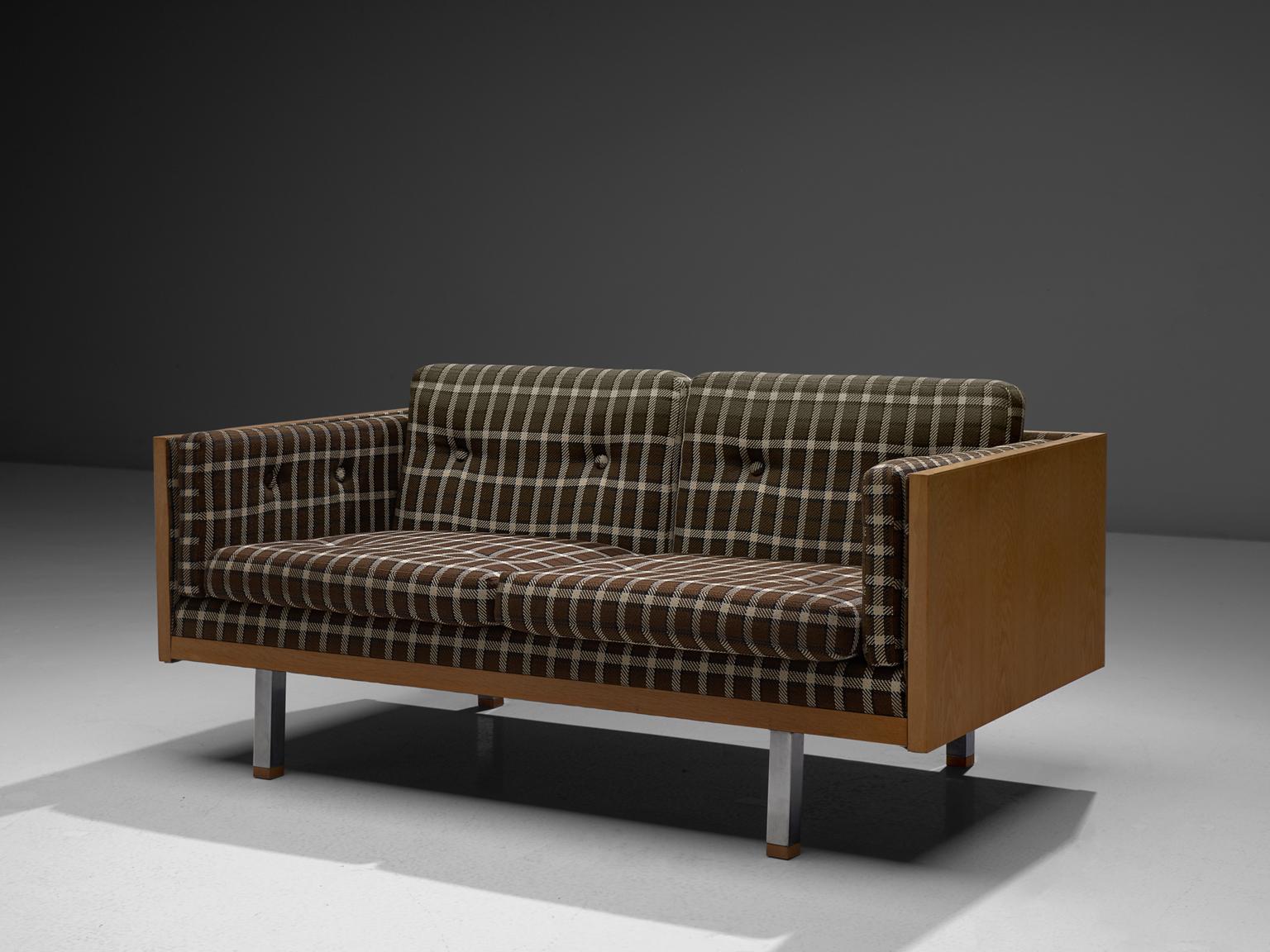 Mid-Century Modern Scandinavian Two-Seat Sofa in Oak and Checkered Upholstery