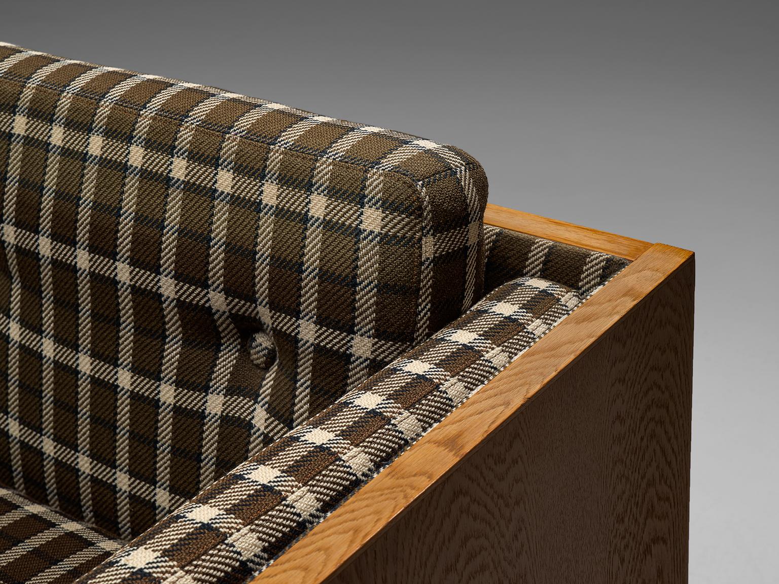 Metal Scandinavian Two-Seat Sofa in Oak and Checkered Upholstery