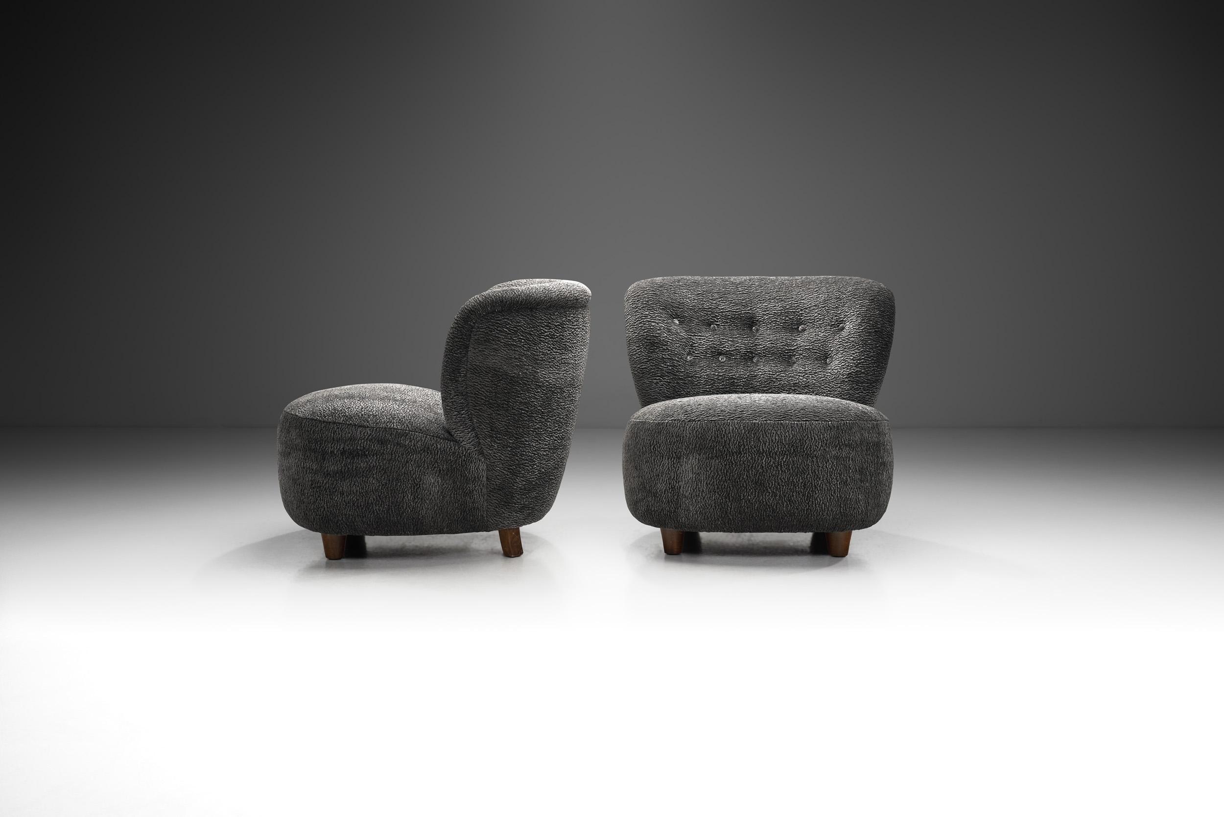 Scandinavian Modern Scandinavian Upholstered Lounge Chairs with Stained Beech Legs, Scandinavia 1940s For Sale