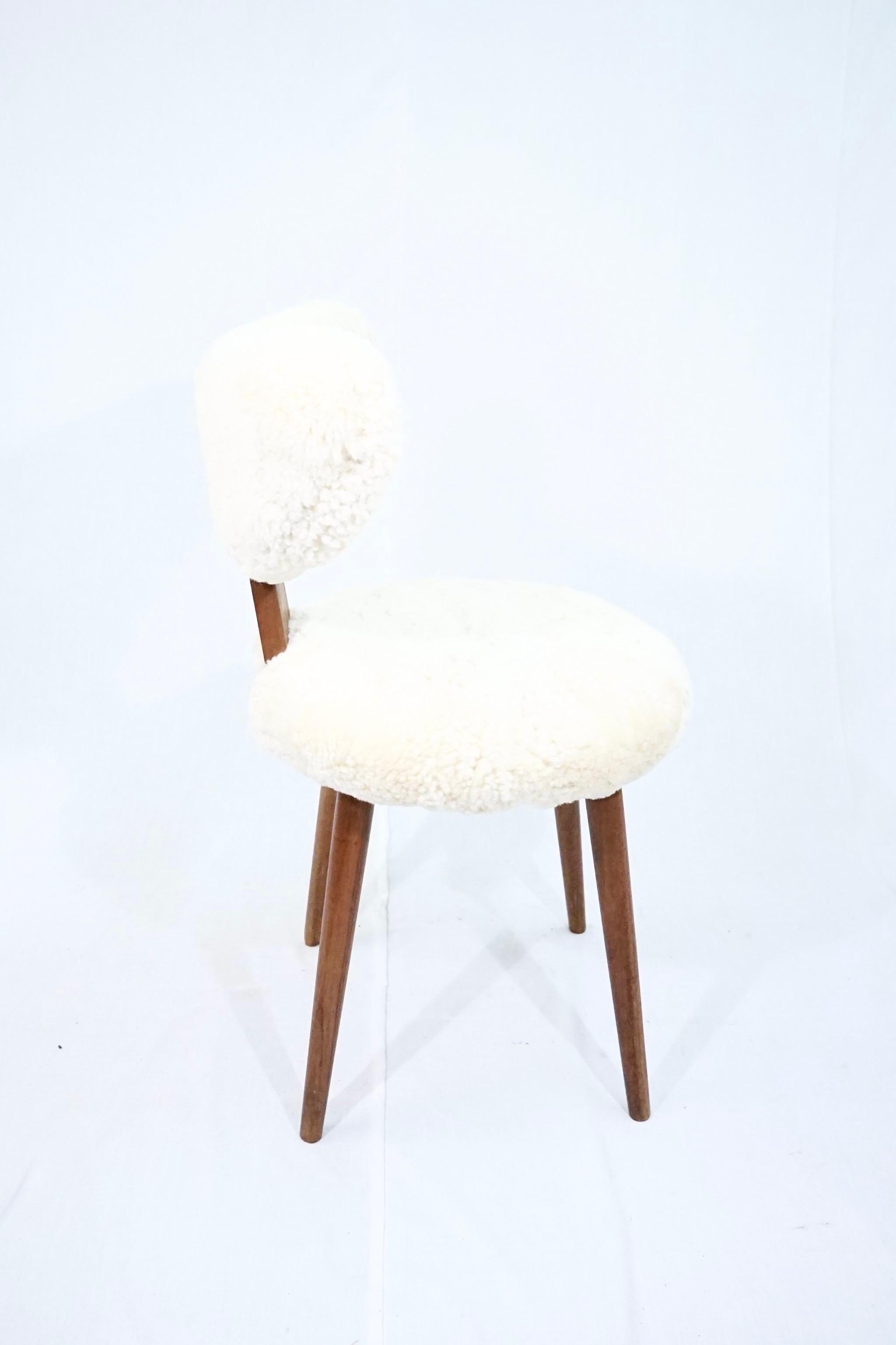 Danish Scandinavian Vanity Table Chair in Solid Teak with Lambs Wool