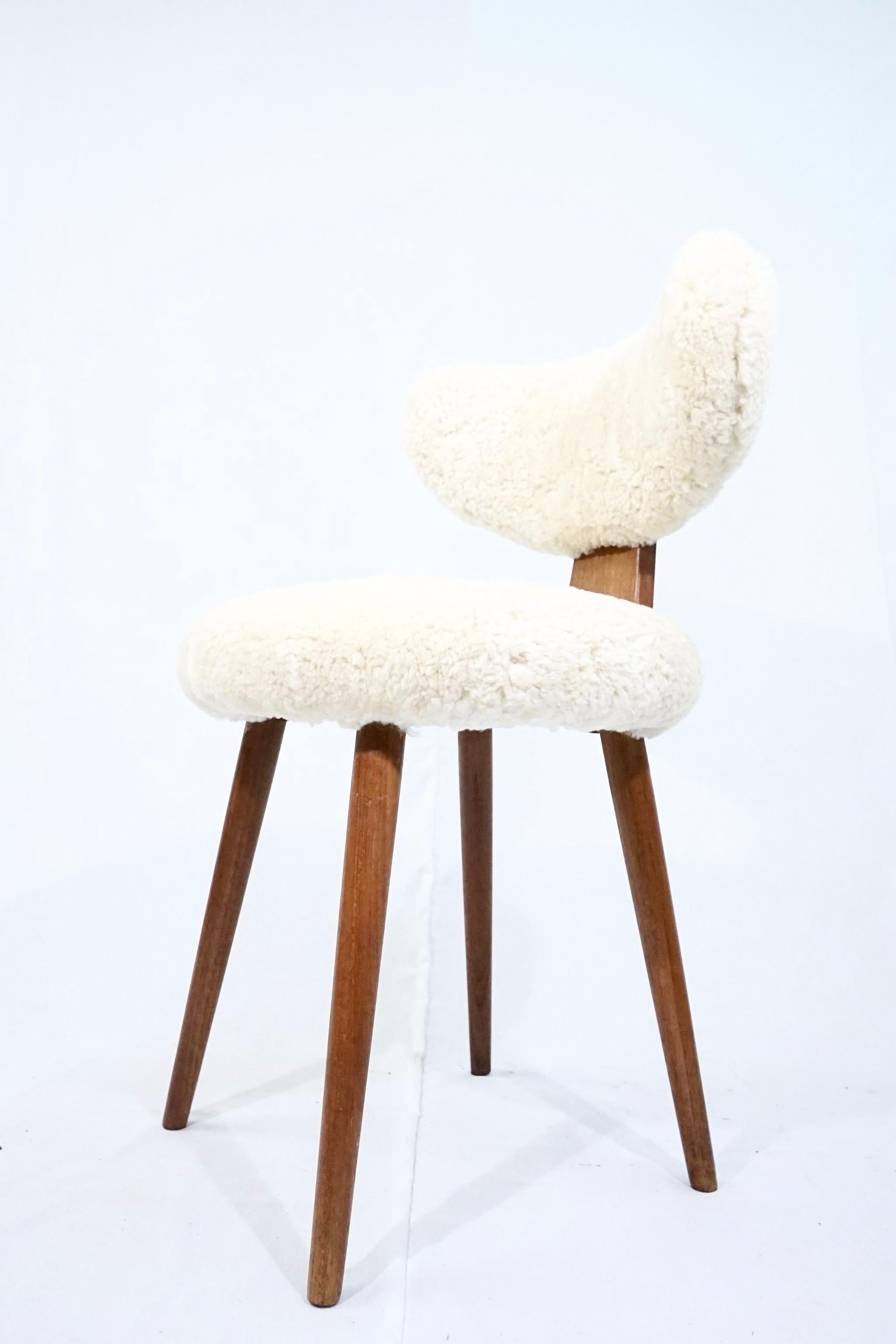 Oiled Scandinavian Vanity Table Chair in Solid Teak with Lambs Wool