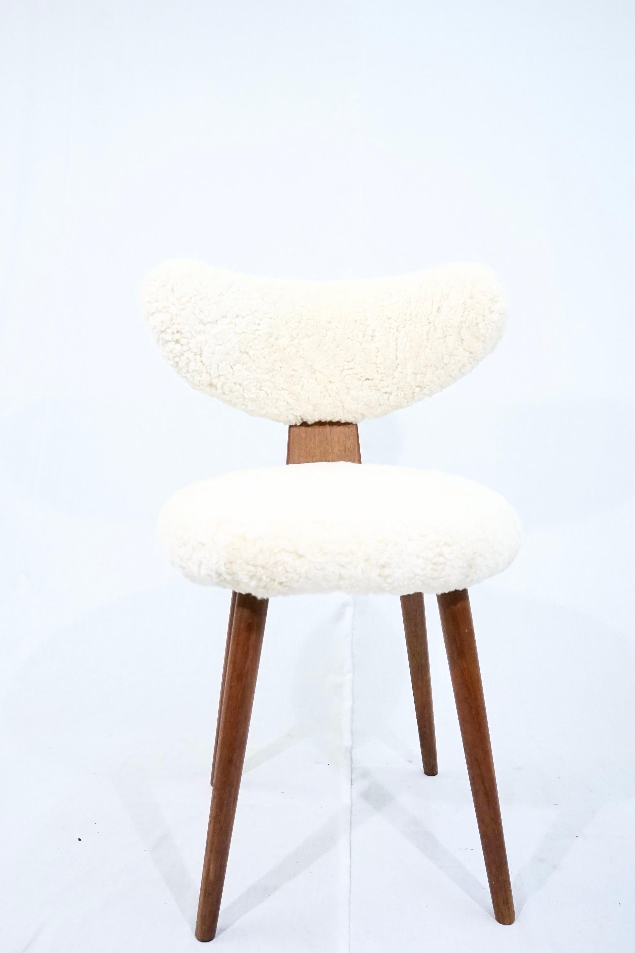 Lambskin Scandinavian Vanity Table Chair in Solid Teak with Lambs Wool