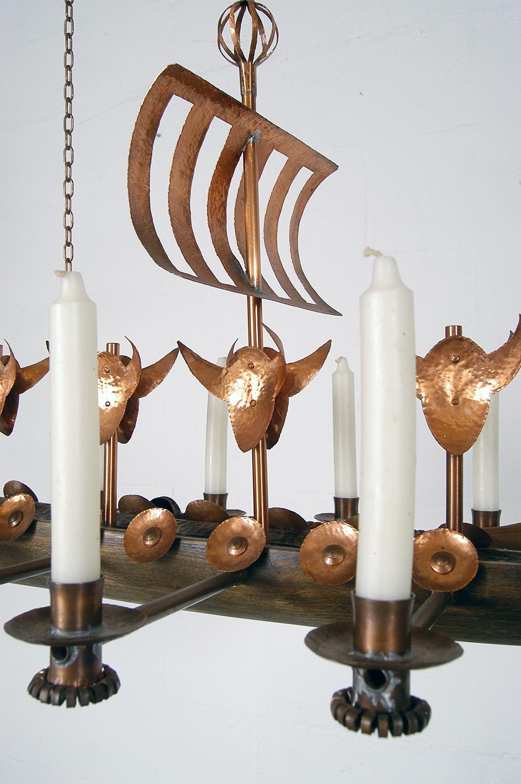 Scandinavian Viking Ship Oak Copper Candleholder 1970s Chandelier Light Danish 8