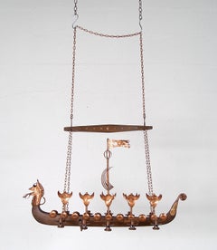 Scandinavian Viking Ship Oak Copper Candleholder 1970s Chandelier Light Danish