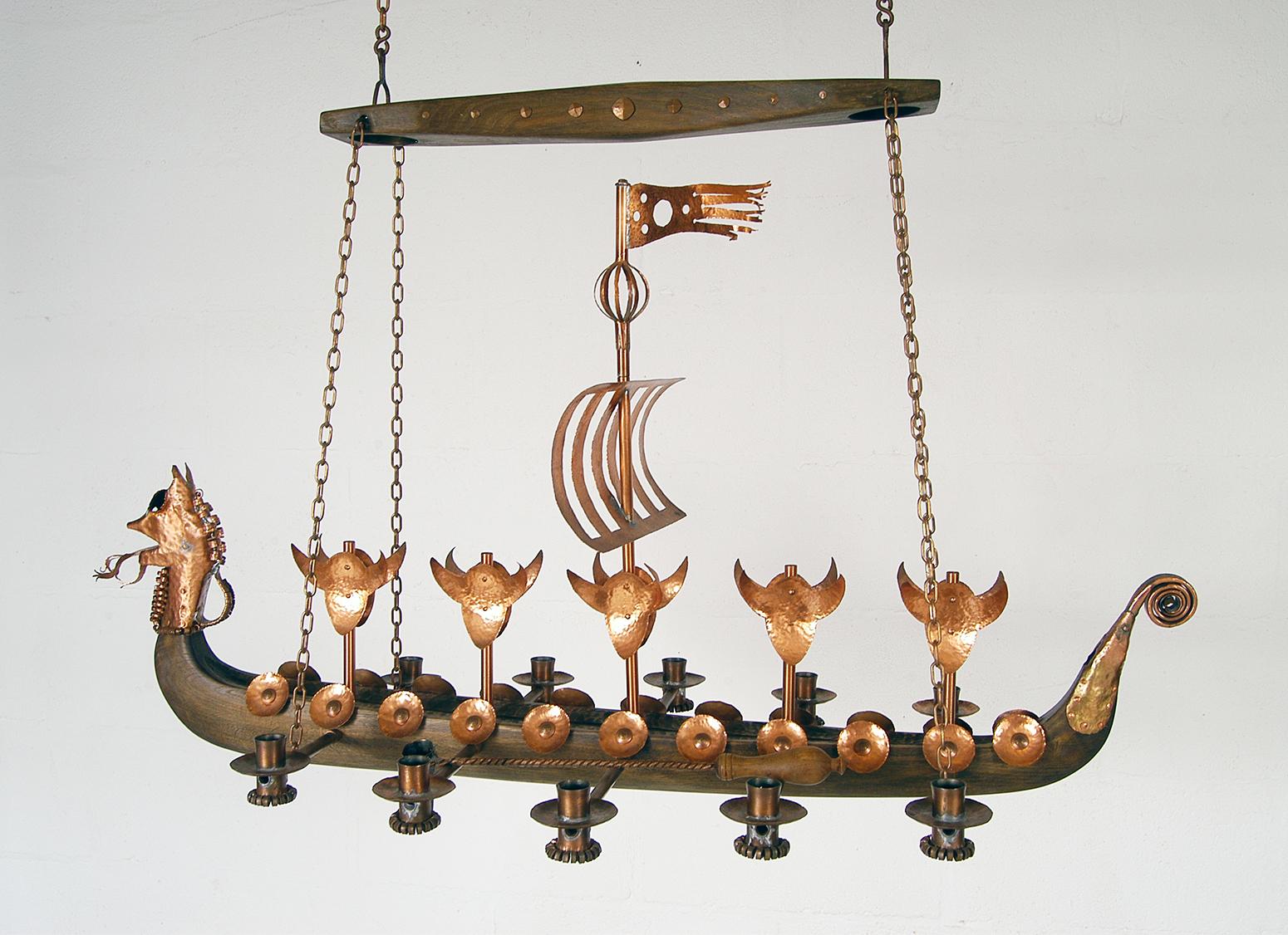 Scandinavian Viking Ship Oak Copper Candleholder 1970s Chandelier Light Danish In Good Condition In Sherborne, Dorset