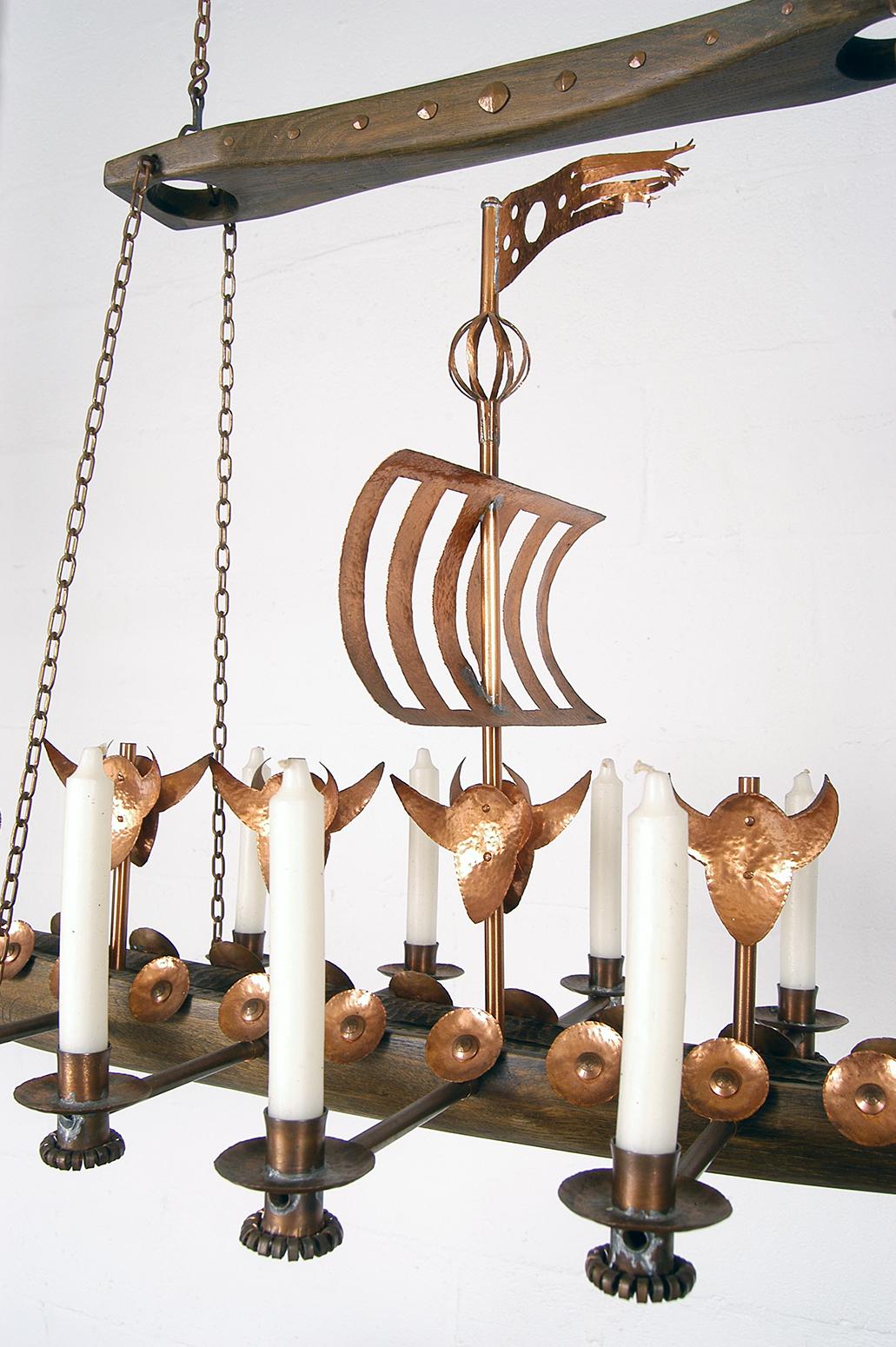 Scandinavian Viking Ship Oak Copper Candleholder 1970s Chandelier Light Danish 1