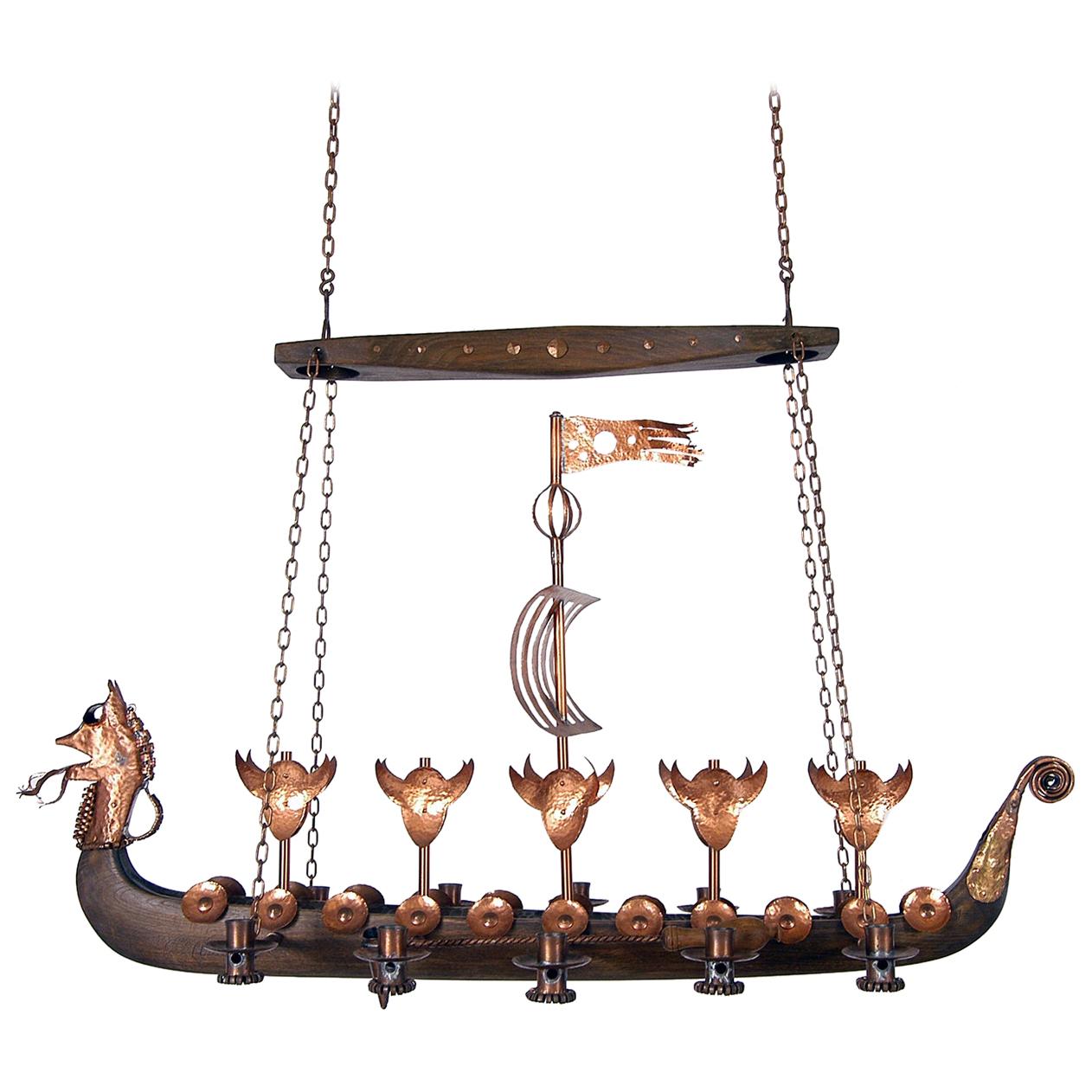 Scandinavian Viking Ship Oak Copper Candleholder 1970s Chandelier Light Danish