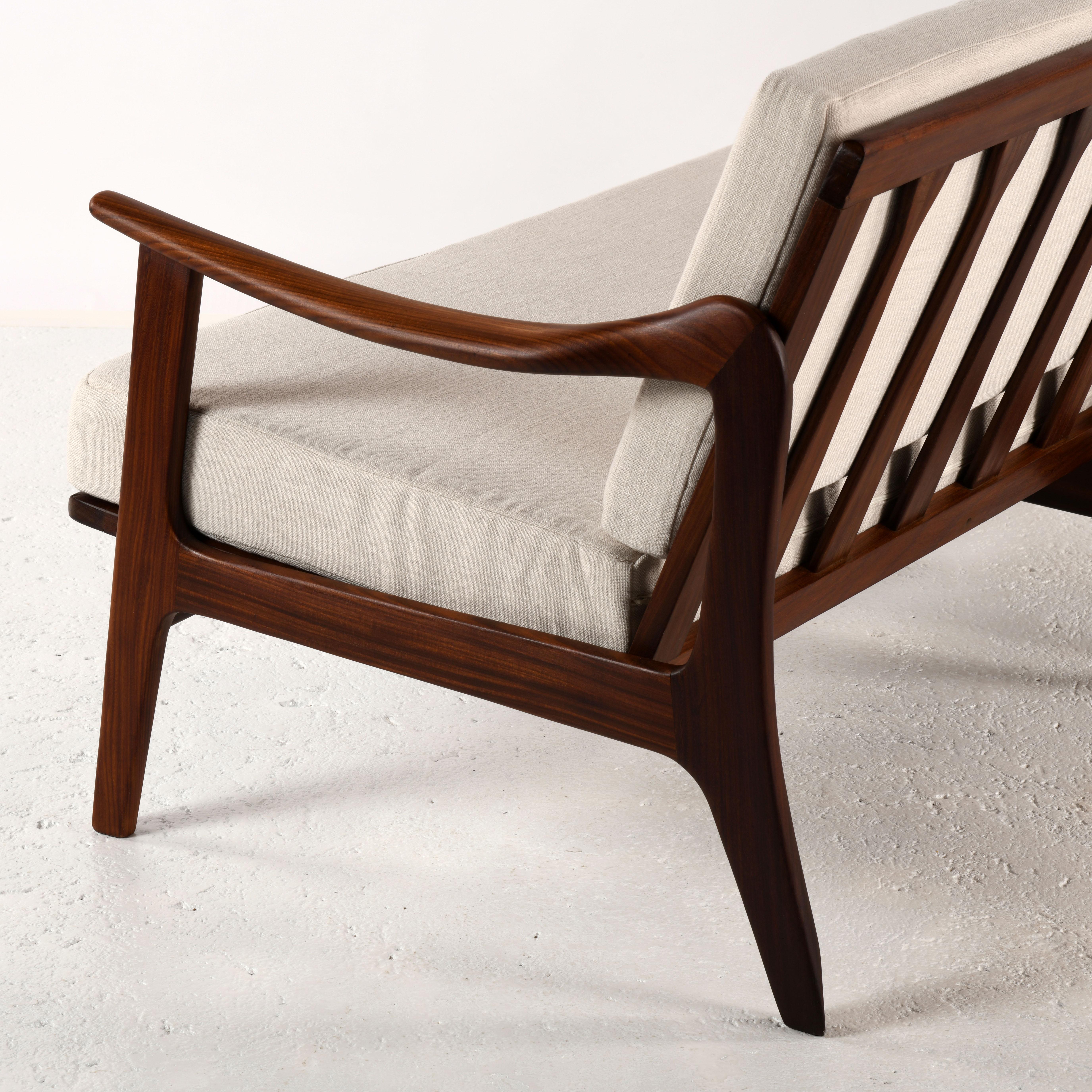 Mid-Century Modern Scandinavian vintage 3 seats sofa, teak, foam and textile new