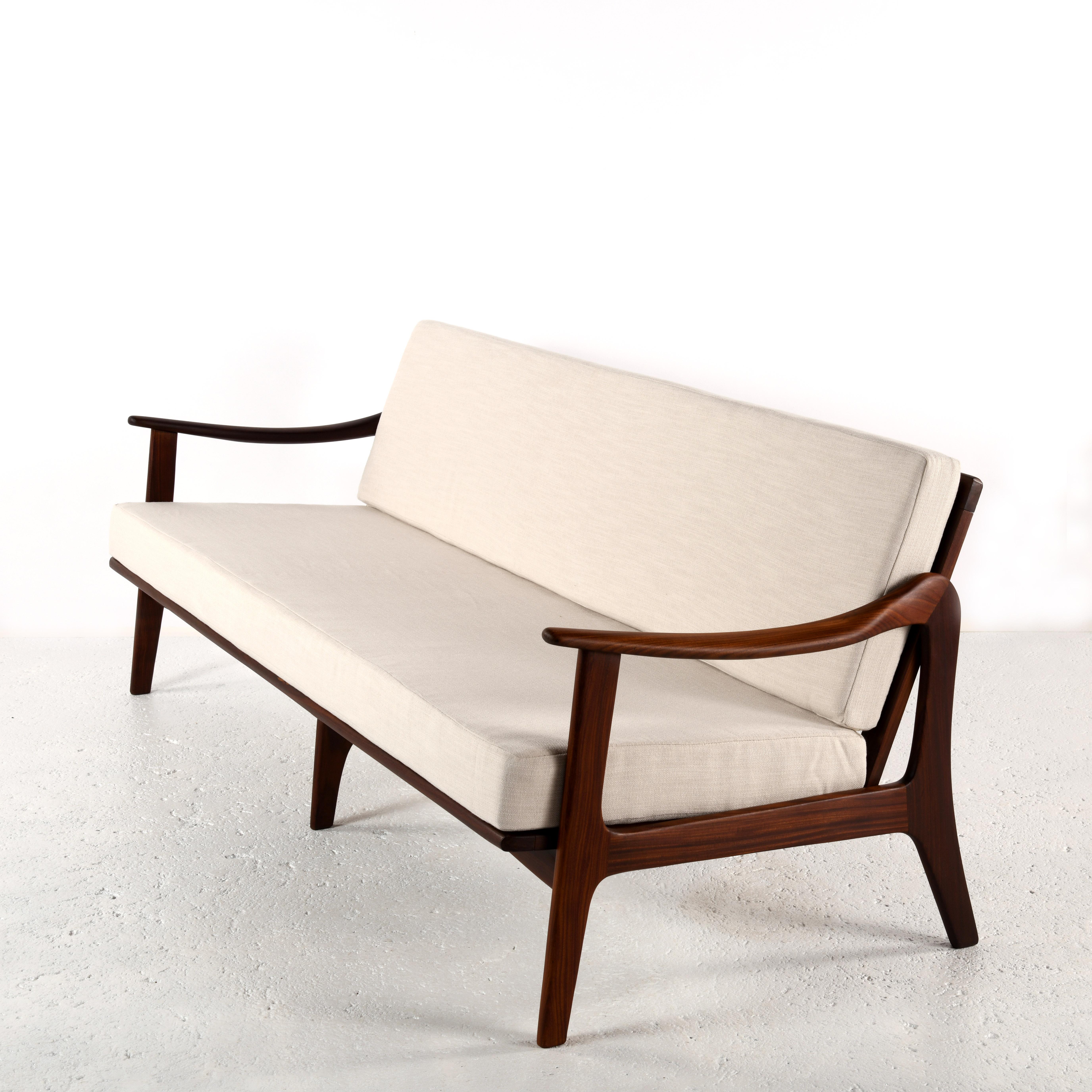 Danish Scandinavian vintage 3 seats sofa, teak, foam and textile new