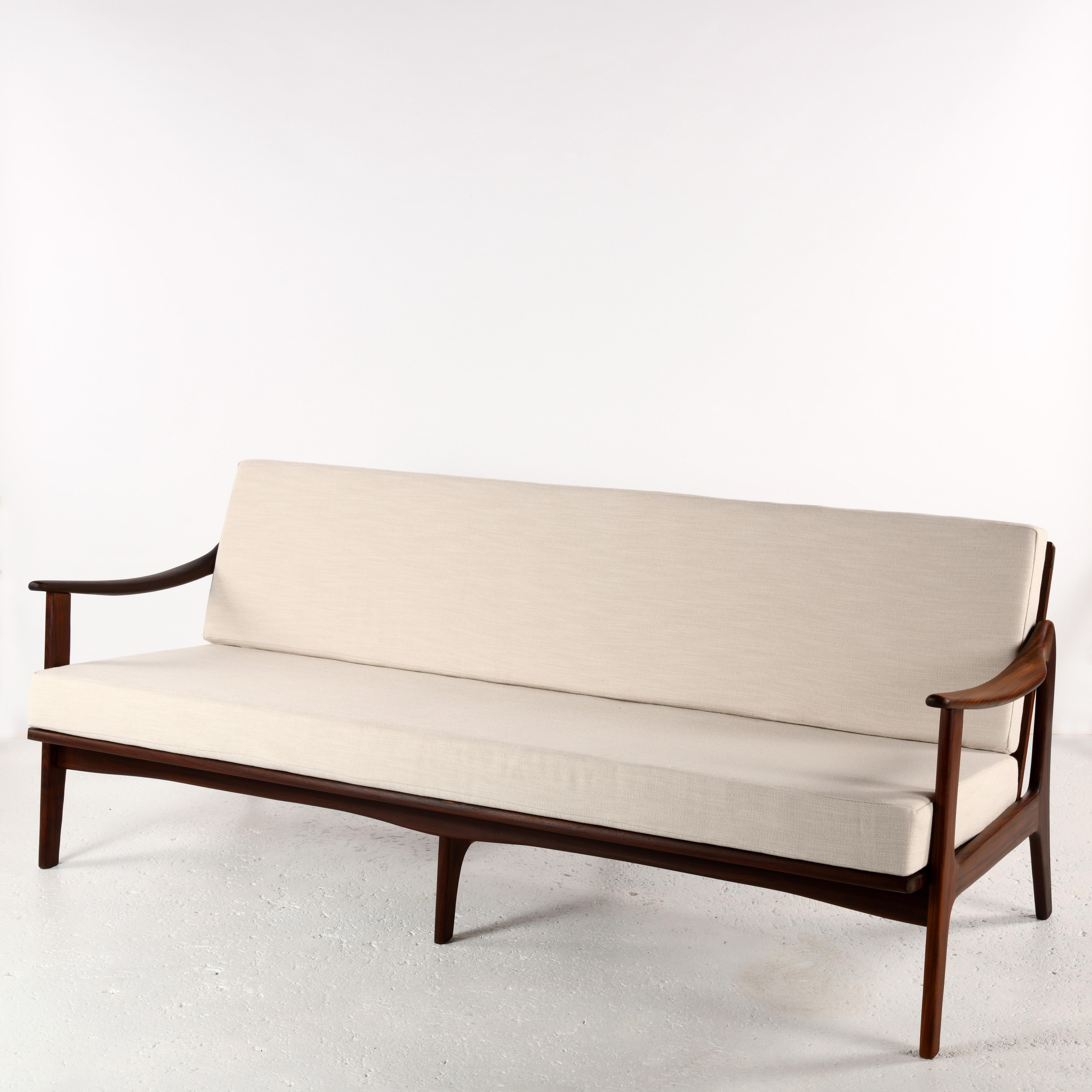Scandinavian vintage 3 seats sofa, teak, foam and textile new In Good Condition In SAINT-YRIEIX-SUR-CHARENTE, FR
