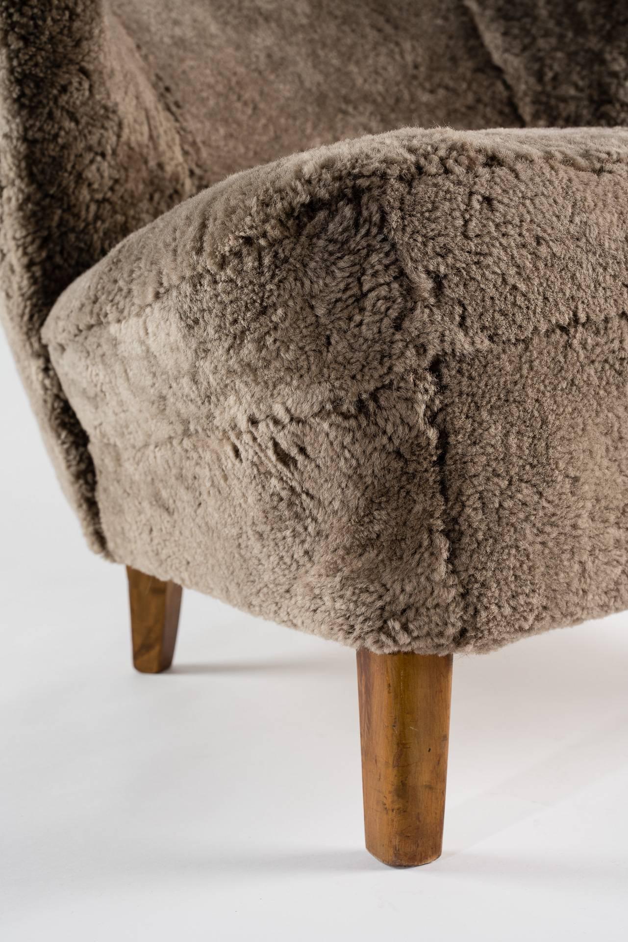 Scandinavian Vintage Armchair, circa 1930 in Curly Lambskin Upholstery 1