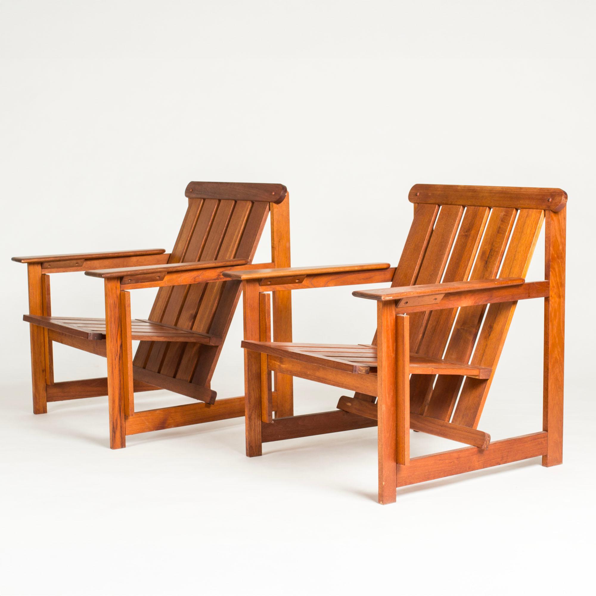 Pair of lounge or deck chairs by Hans Johansson for HI-gruppen, made from teak in a boxy form. Original angles and sophisticated details, striking silhouettes.