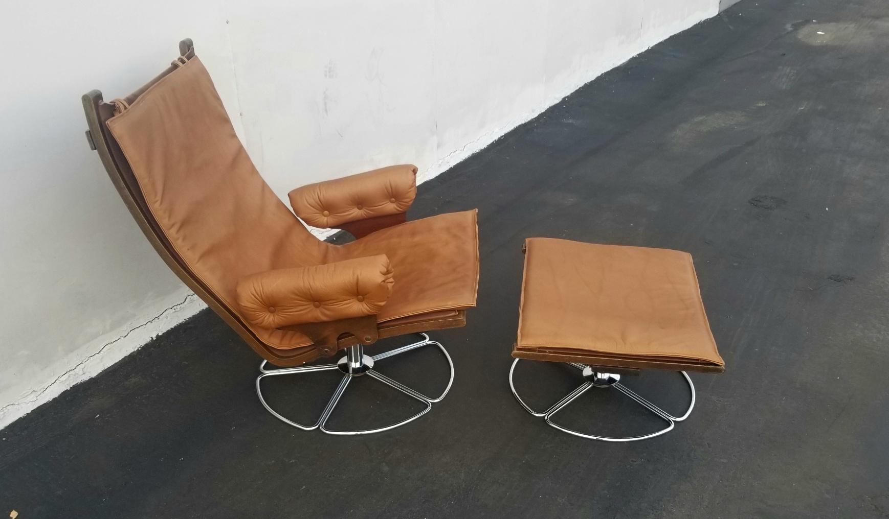 Late 20th Century Scandinavian Vintage Mid Century Lounge Chair and Ottoman For Sale