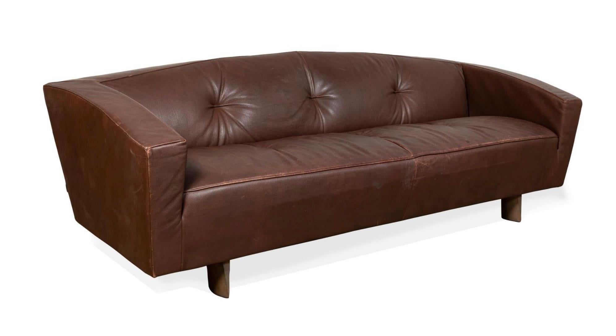 Scandinavian Modern Scandinavian Vintage Modern Low Brown leather 3 seat sofa by Montis in Holland For Sale
