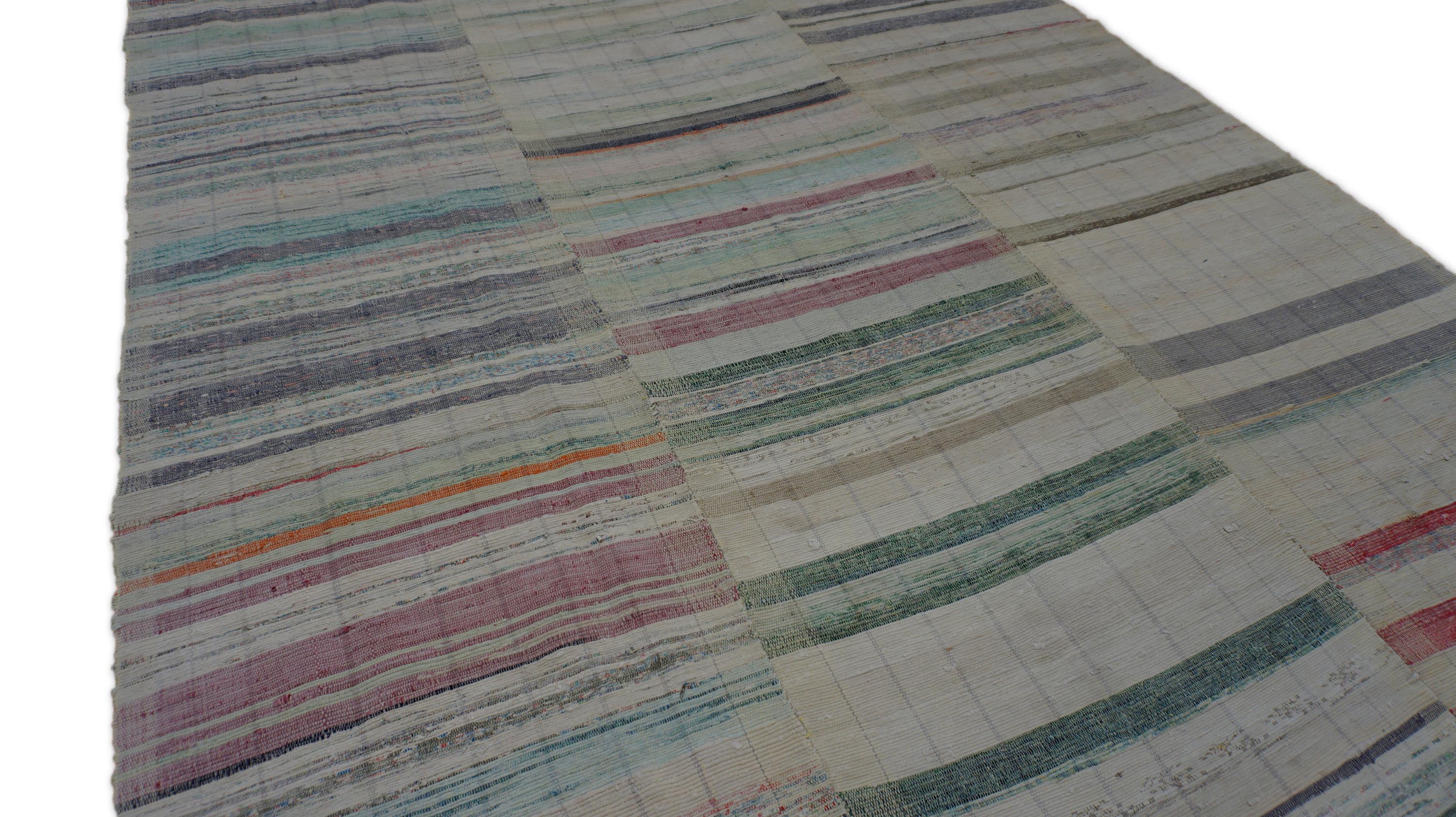 Skandinavischer Vintage Mehrfarbiger gestreifter Wollteppich 6'6''x10'8'' im Zustand „Gut“ im Angebot in Torrance, CA