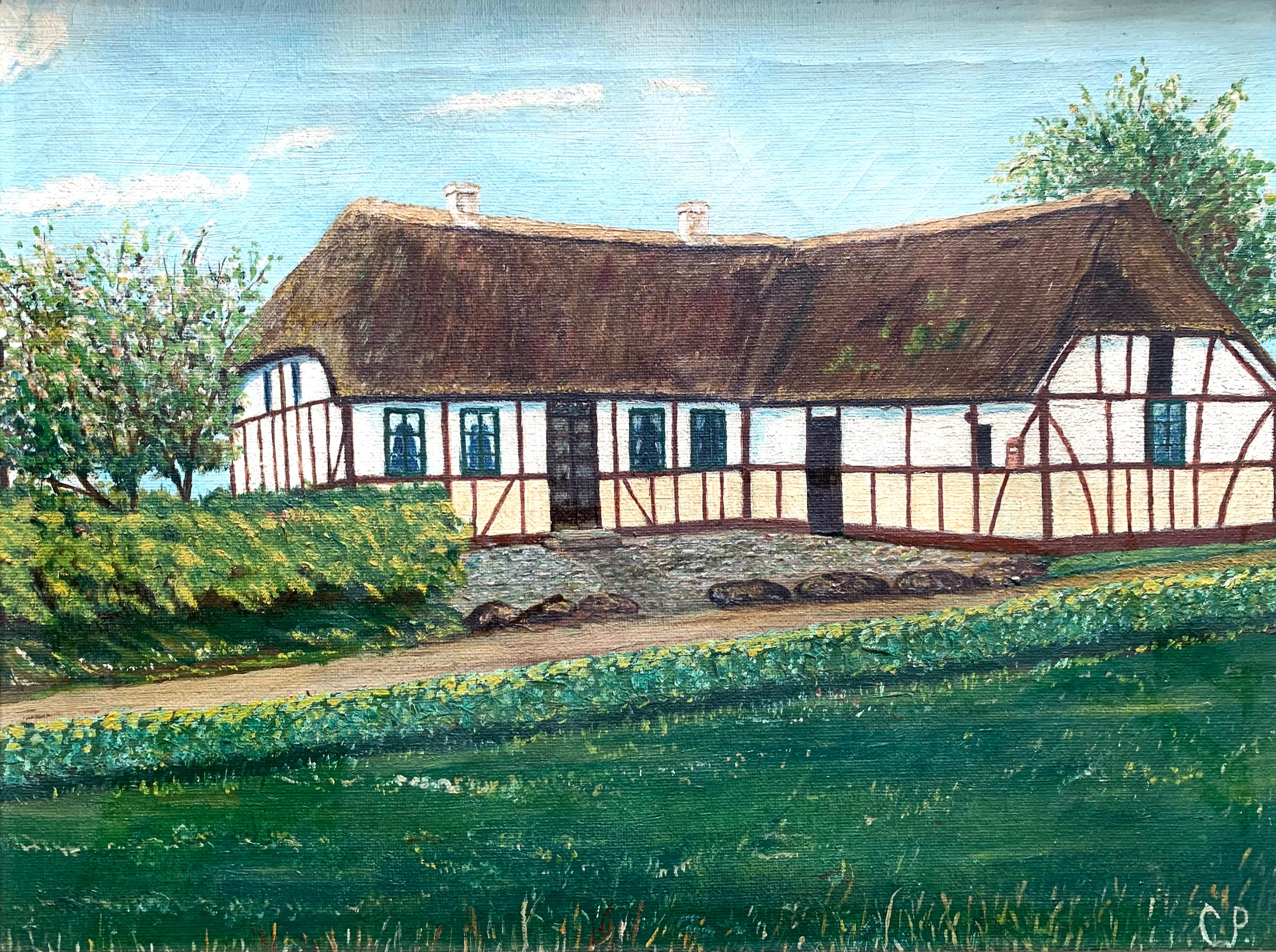 This is a Scandinavian vintage oil on canvas painting with motive of a traditional countryside half-tilbered farm house. The colours are strong and clear; the grass is green and the sky is blue.

The painting is estimated to be from the 1960s and is