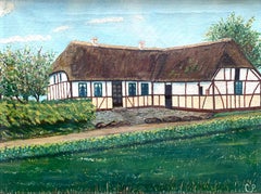 Peinture vintage scandinave à l'huile sur toile d'une maison de ferme traditionnelle.