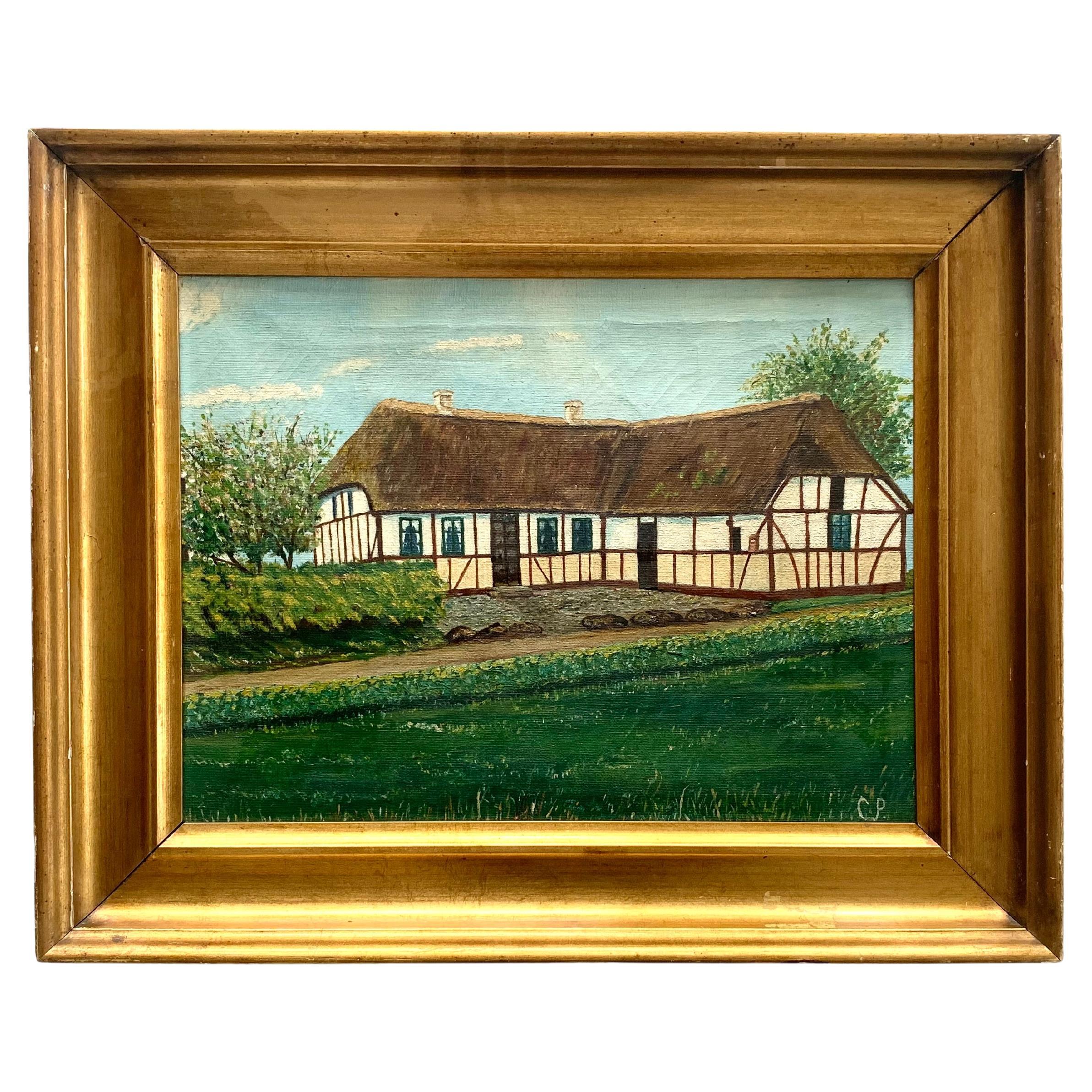 Scandinavian vintage oil on canvas painting of a traditional farm house