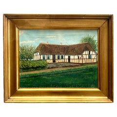 Scandinavian vintage oil on canvas painting of a traditional farm house