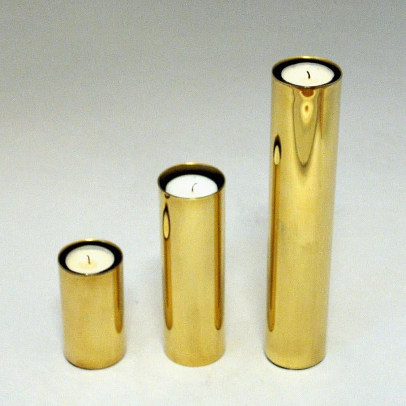 Scandinavian Vintage Set of Three Brass Candleholders with Glass Shades 1960s 5