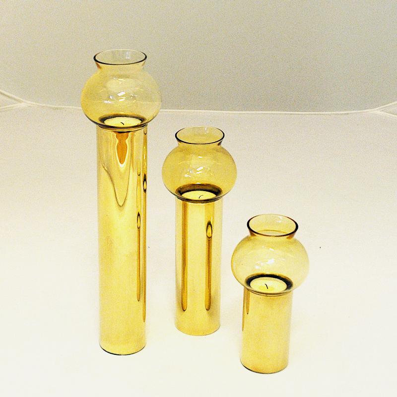 Scandinavian Vintage Set of Three Brass Candleholders with Glass Shades 1960s In Good Condition In Stockholm, SE