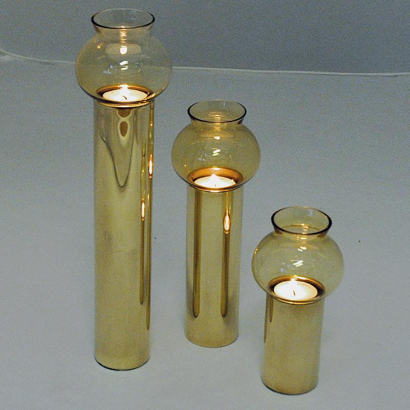 Mid-20th Century Scandinavian Vintage Set of Three Brass Candleholders with Glass Shades 1960s