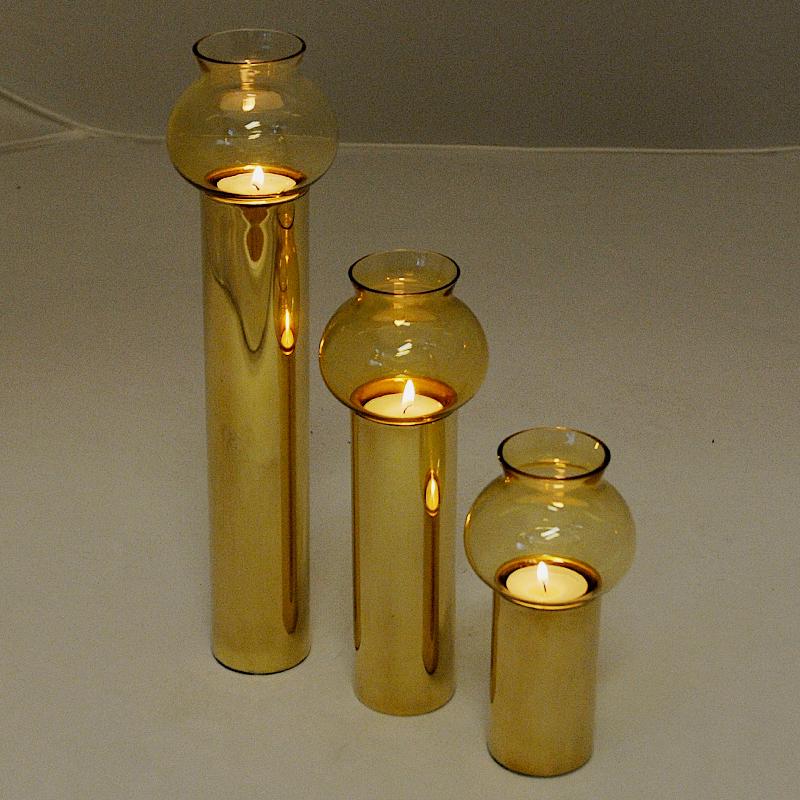 Scandinavian Vintage Set of Three Brass Candleholders with Glass Shades 1960s 2