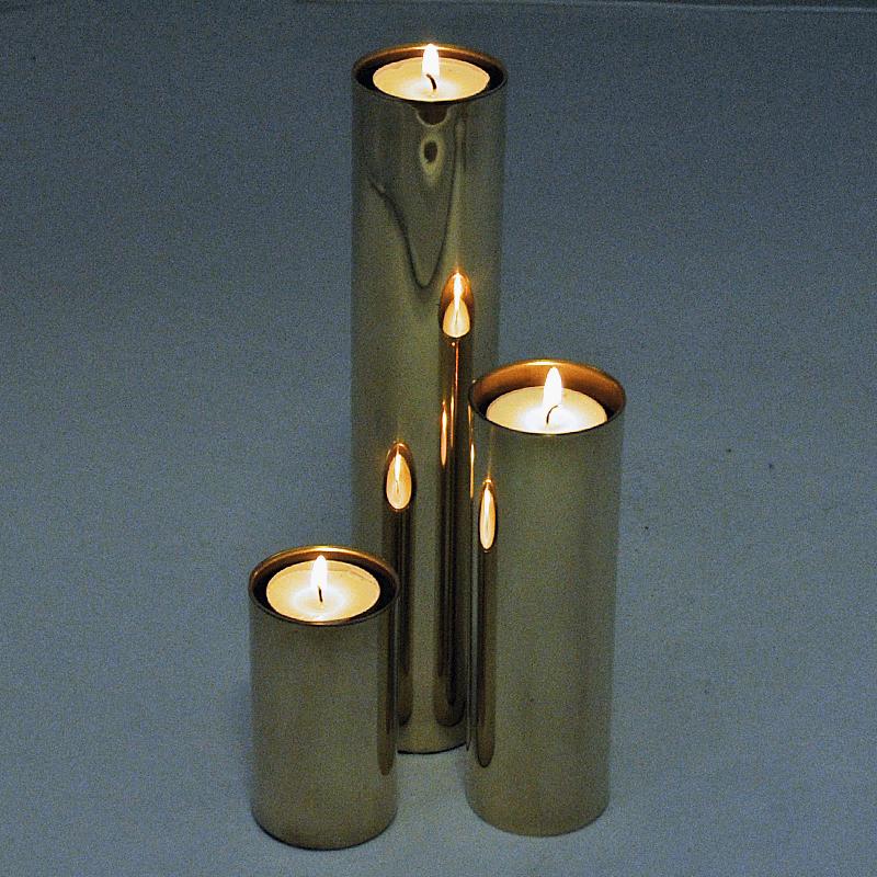 Scandinavian Vintage Set of Three Brass Candleholders with Glass Shades 1960s 3