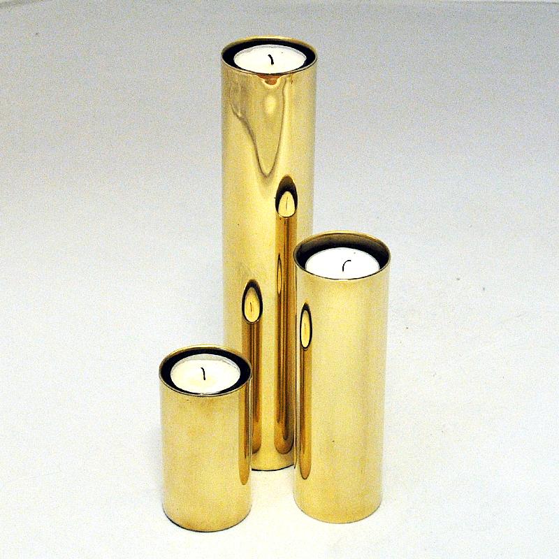 Scandinavian Vintage Set of Three Brass Candleholders with Glass Shades 1960s 4