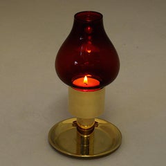 Scandinavian Vintage Red Glass Brass Candle Holder 1960s