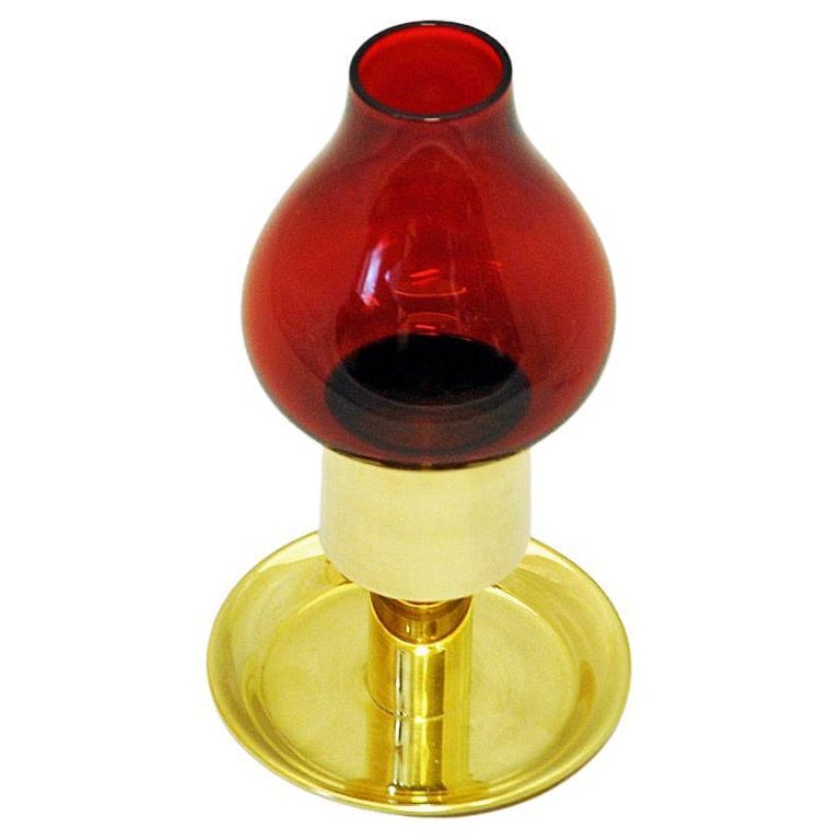 Scandinavian Vintage Red Glass Brass Candle Holder 1960s For Sale at