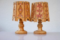 Scandinavian vintage table lamps. Mid-century modern Pine wood lights
