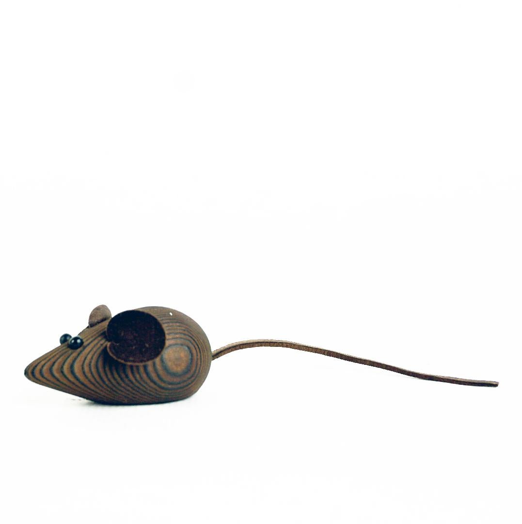 This Scandinavian Original vintage genuine wooden articulated toy Mouse was designed in Denmark 1950s and produced in Denmark as it is marked on the underside.
 It is in wonderful condition, made from solid wood with ears and tail made of leather