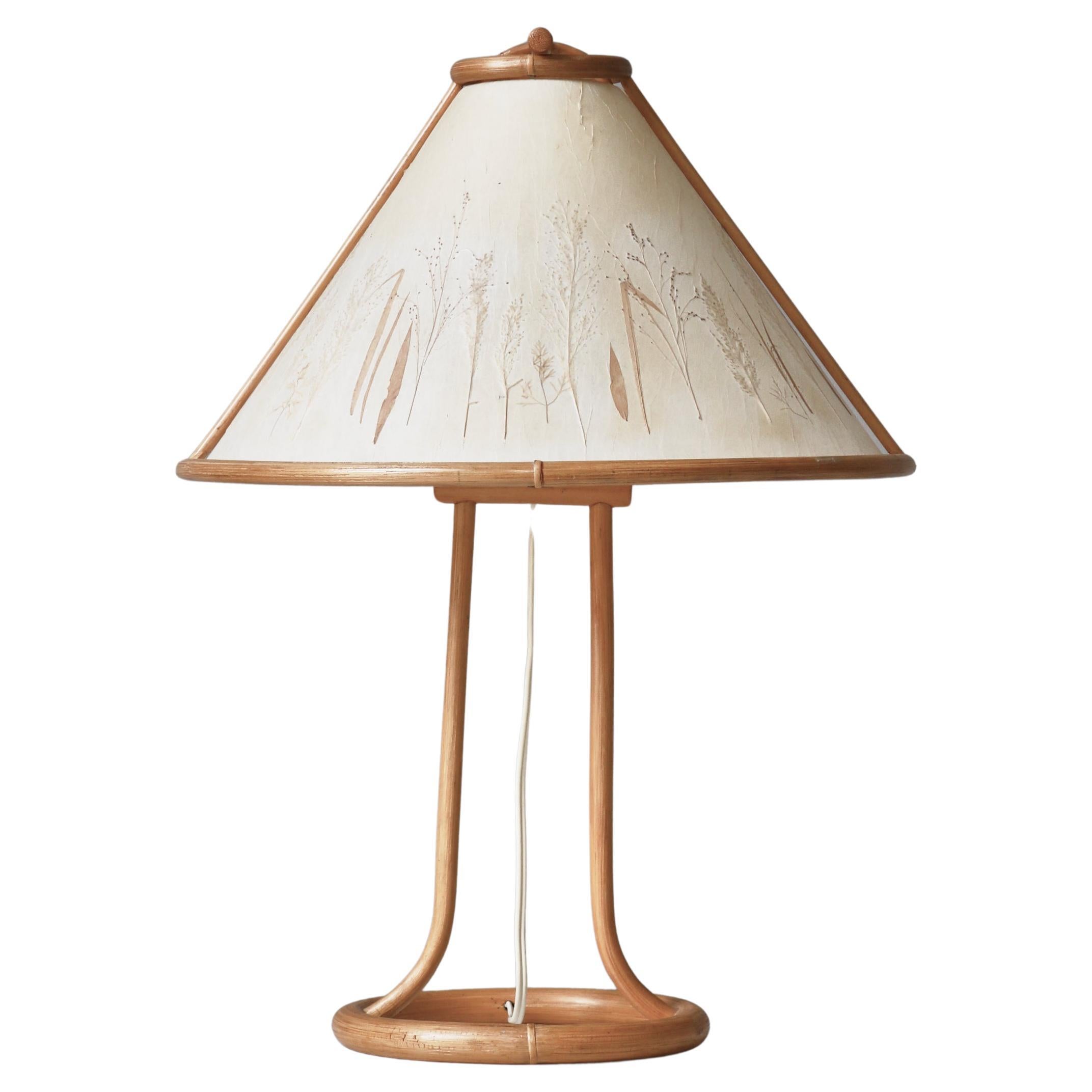 Scandinavian Wabi-Sabi Bamboo Table Lamp Shade with Pressed Plants, 1950s For Sale