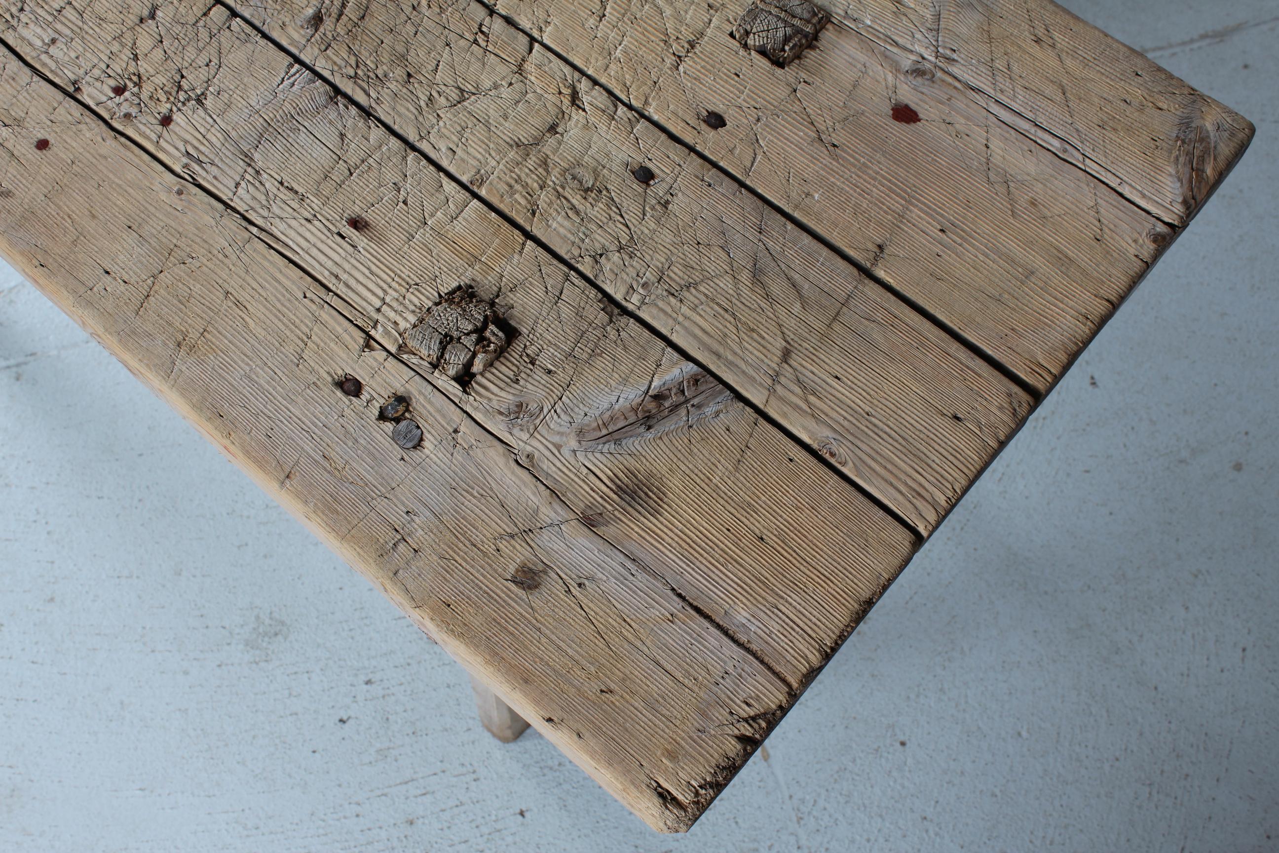 Scandinavian Wabi Sabi Bench and Sidetable Made Early 20th Century of Pine Wood For Sale 4