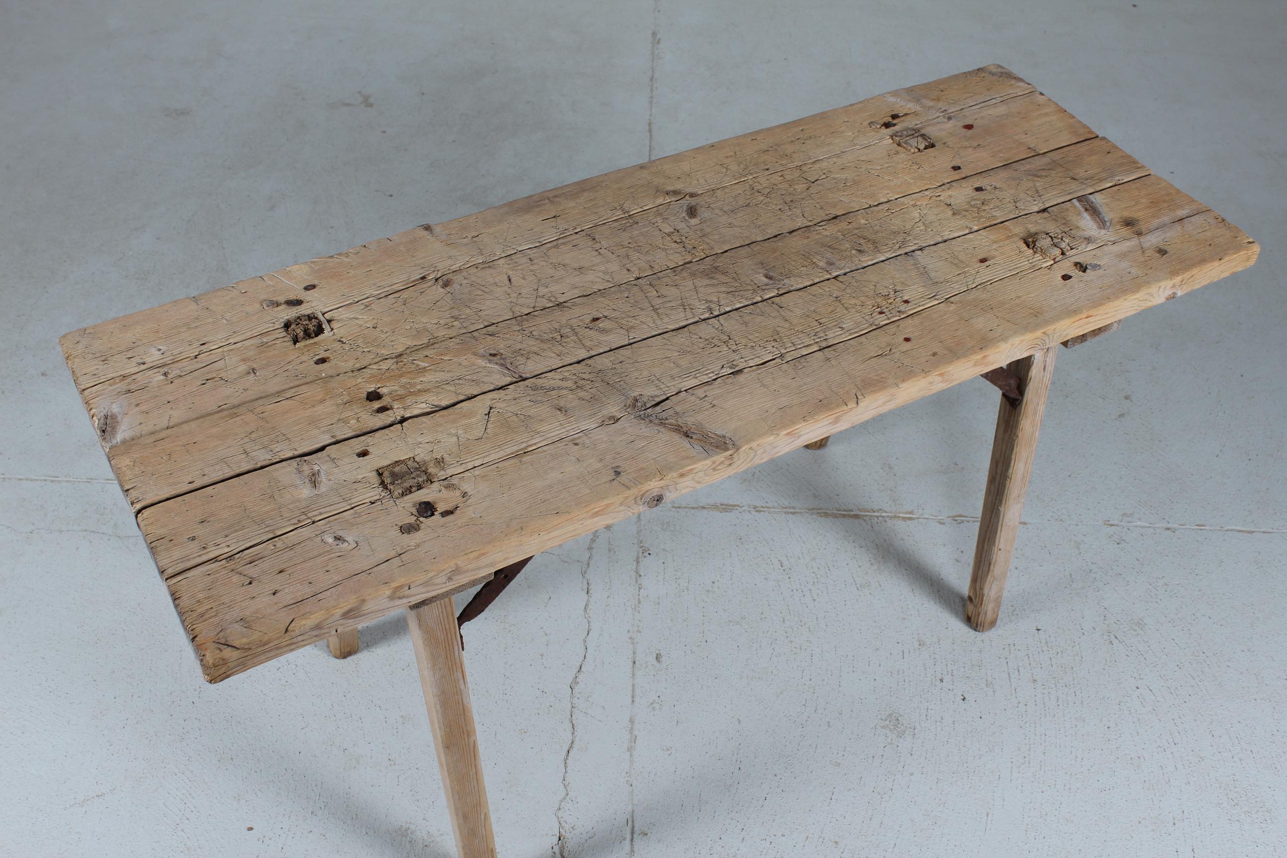 Scandinavian Wabi Sabi Bench and Sidetable Made Early 20th Century of Pine Wood For Sale 3