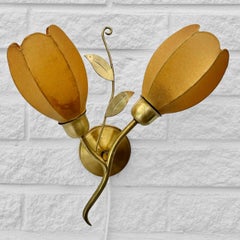 Scandinavian wall lamp with leaf decoration, brass & cocoon shades Denmark 1950s