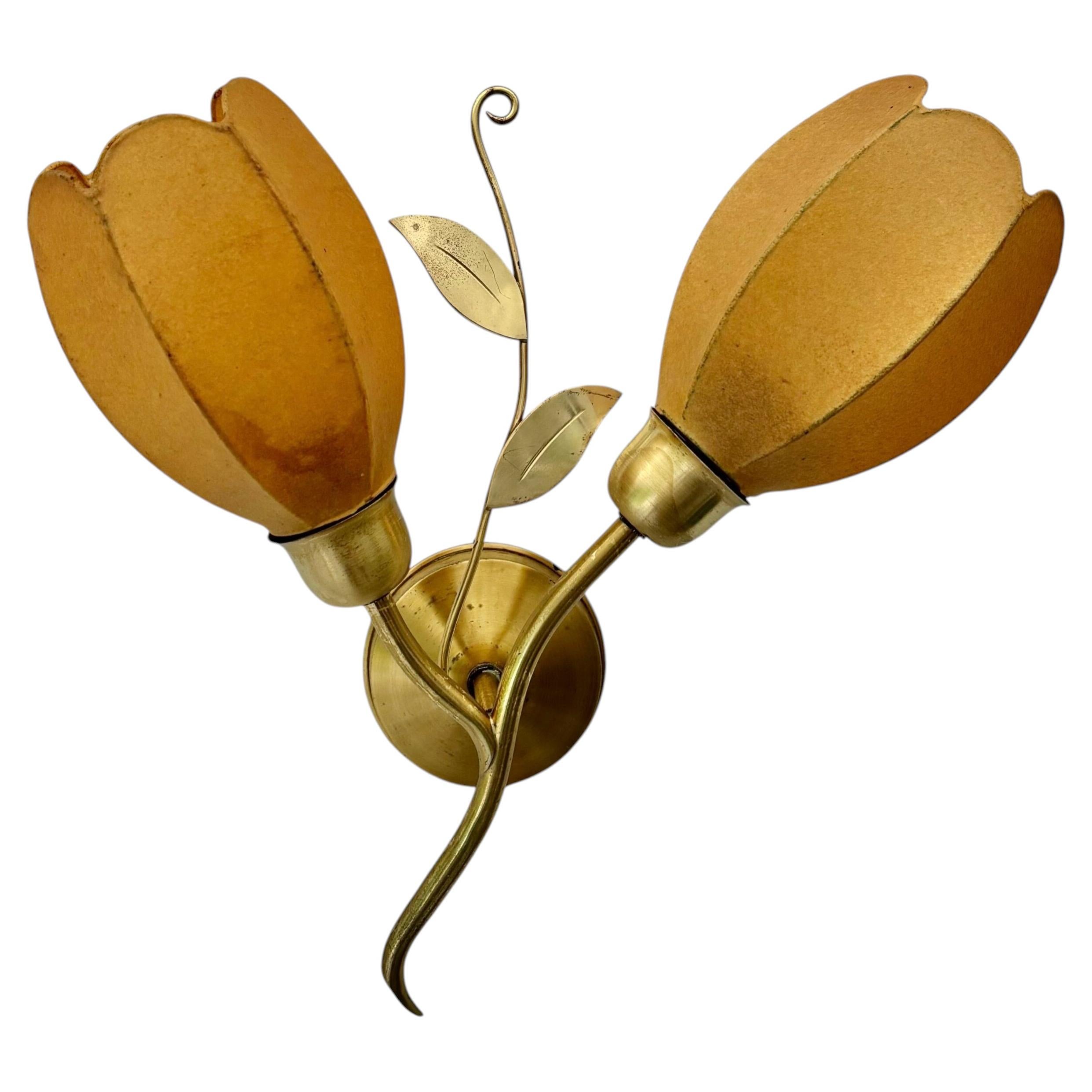 Scandinavian wall lamp with leaf decoration, brass & cocoon shades Denmark 1950s