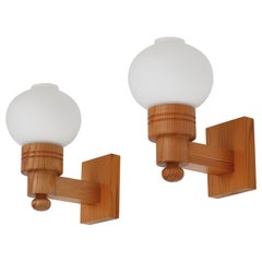 Scandinavian Wall Lamps in Pinewood and Opal Glass by Uno & Östen, Sweden, 1960s