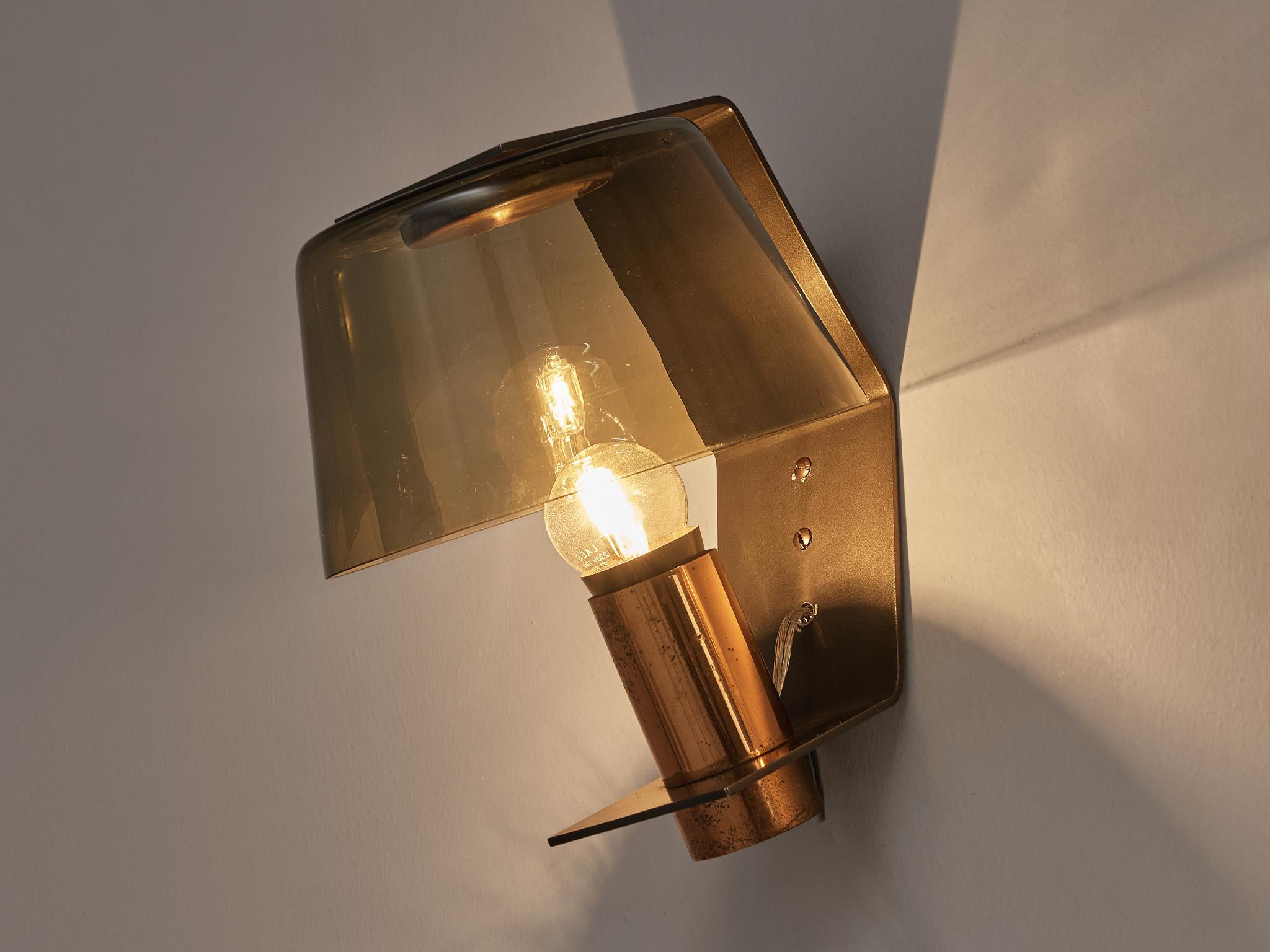 Mid-20th Century Scandinavian Wall Light in Copper and Smoked Glass  For Sale