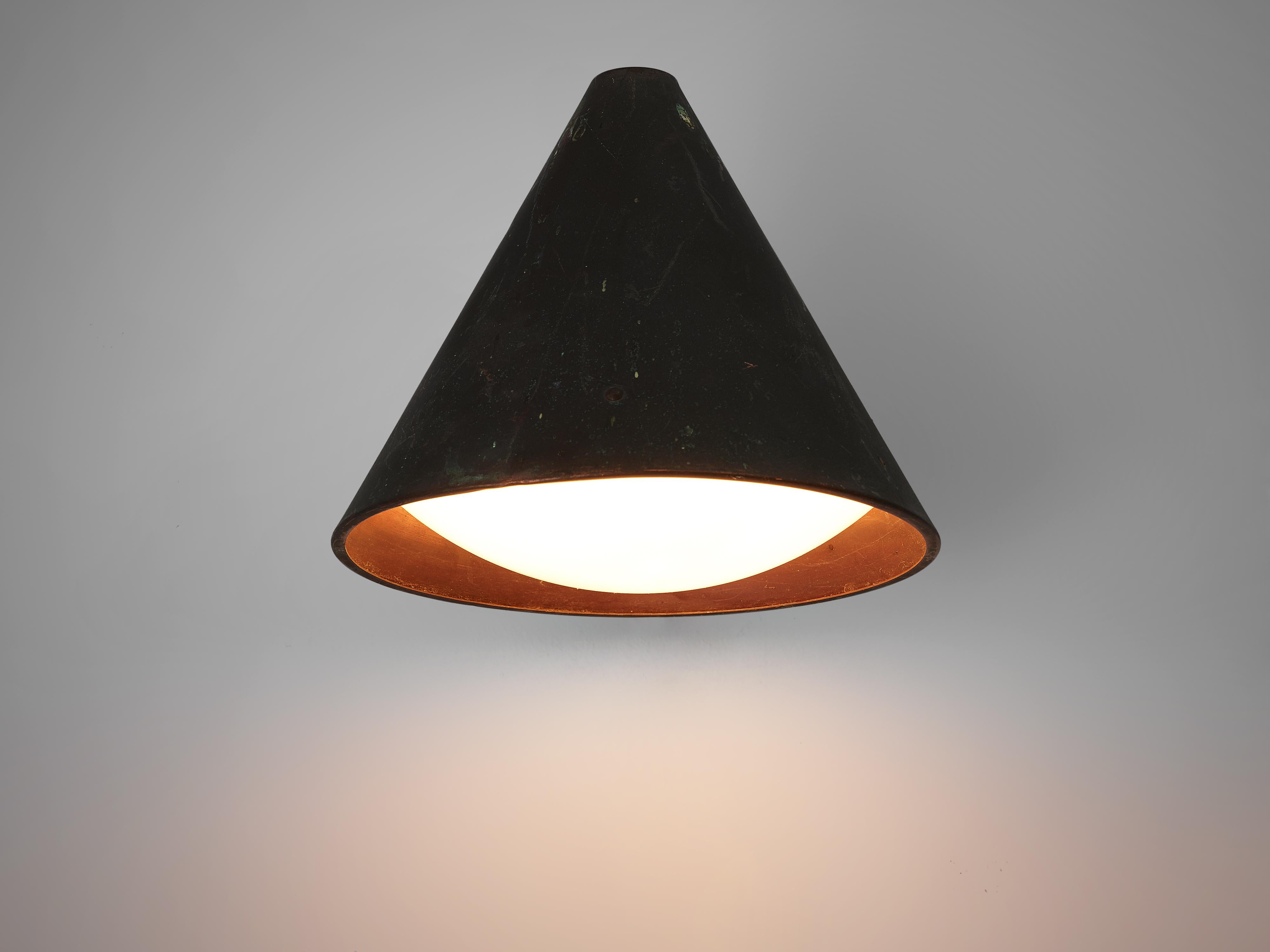 Scandinavian Wall Light in Patinated Copper and Opaline Glass In Good Condition In Waalwijk, NL