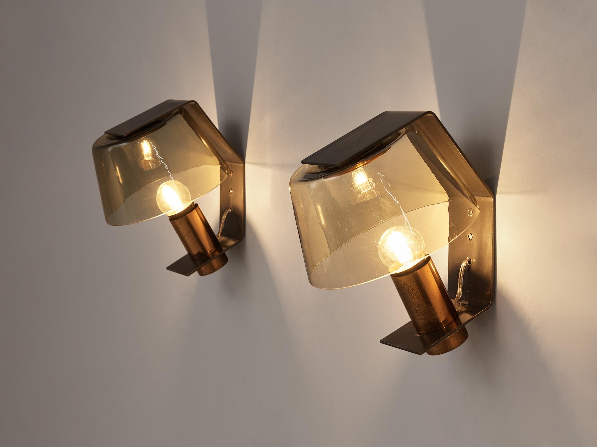 Mid-20th Century Scandinavian Wall Lights in Metal, Copper and Smoked Glass