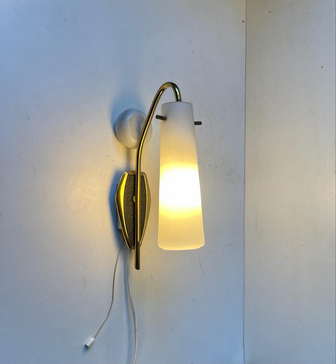 Mid-Century Modern Scandinavian Wall Sconce in Brass and White Glass, 1950s For Sale