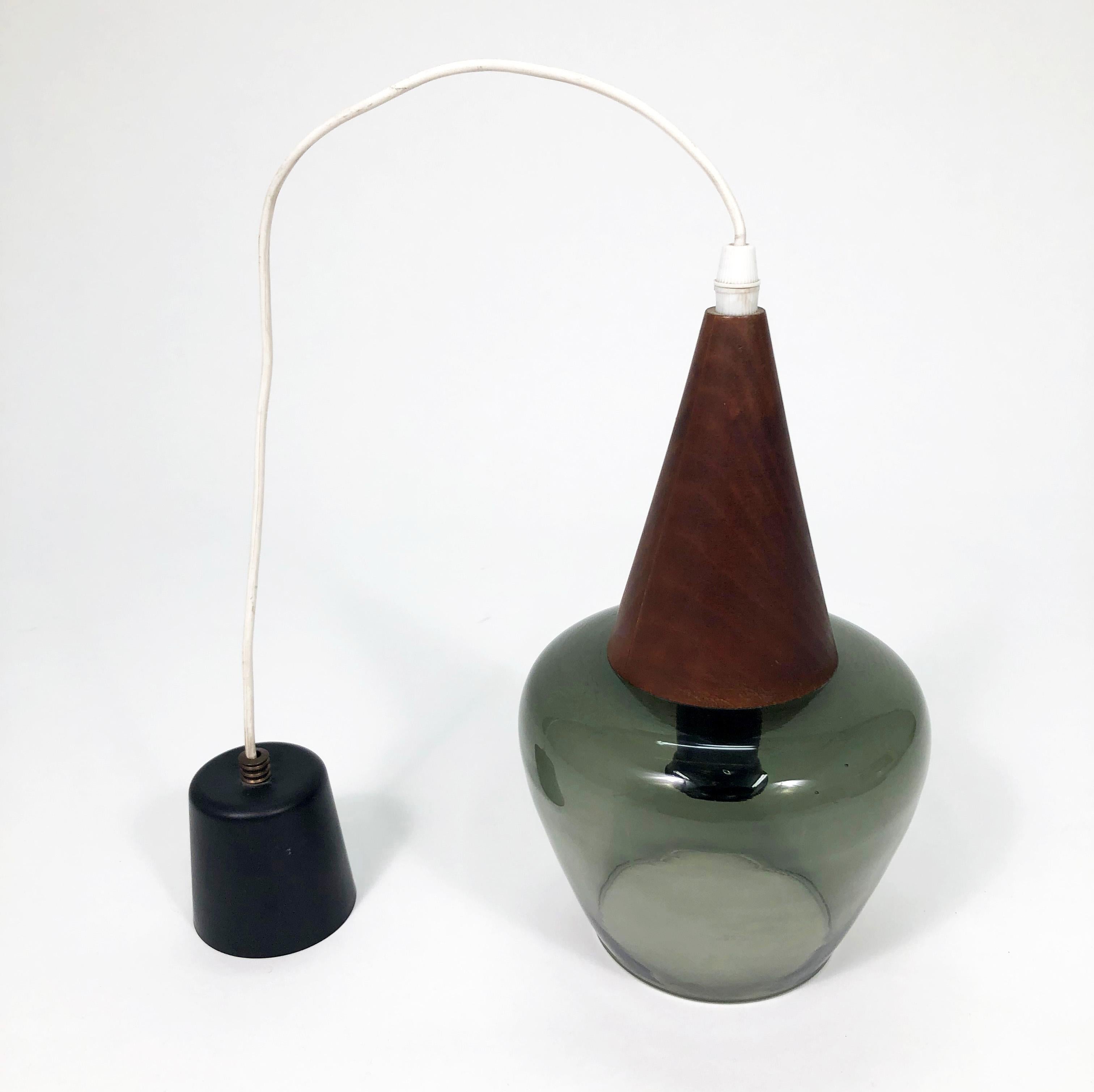 Scandinavian Modern Scandinavian Walnut and Hand-Blown Green Glass Pendant Lamp
