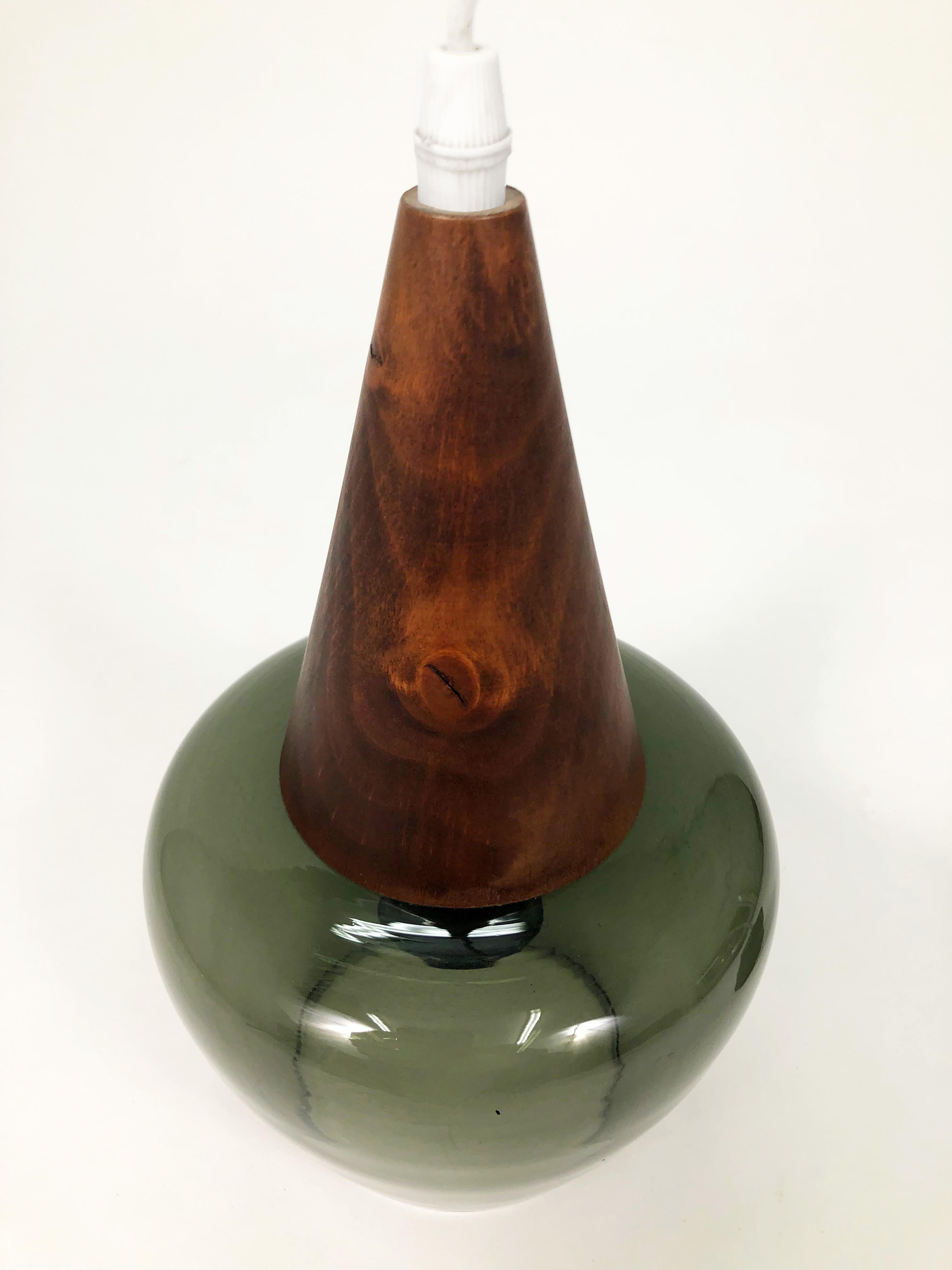 Mid-20th Century Scandinavian Walnut and Hand-Blown Green Glass Pendant Lamp