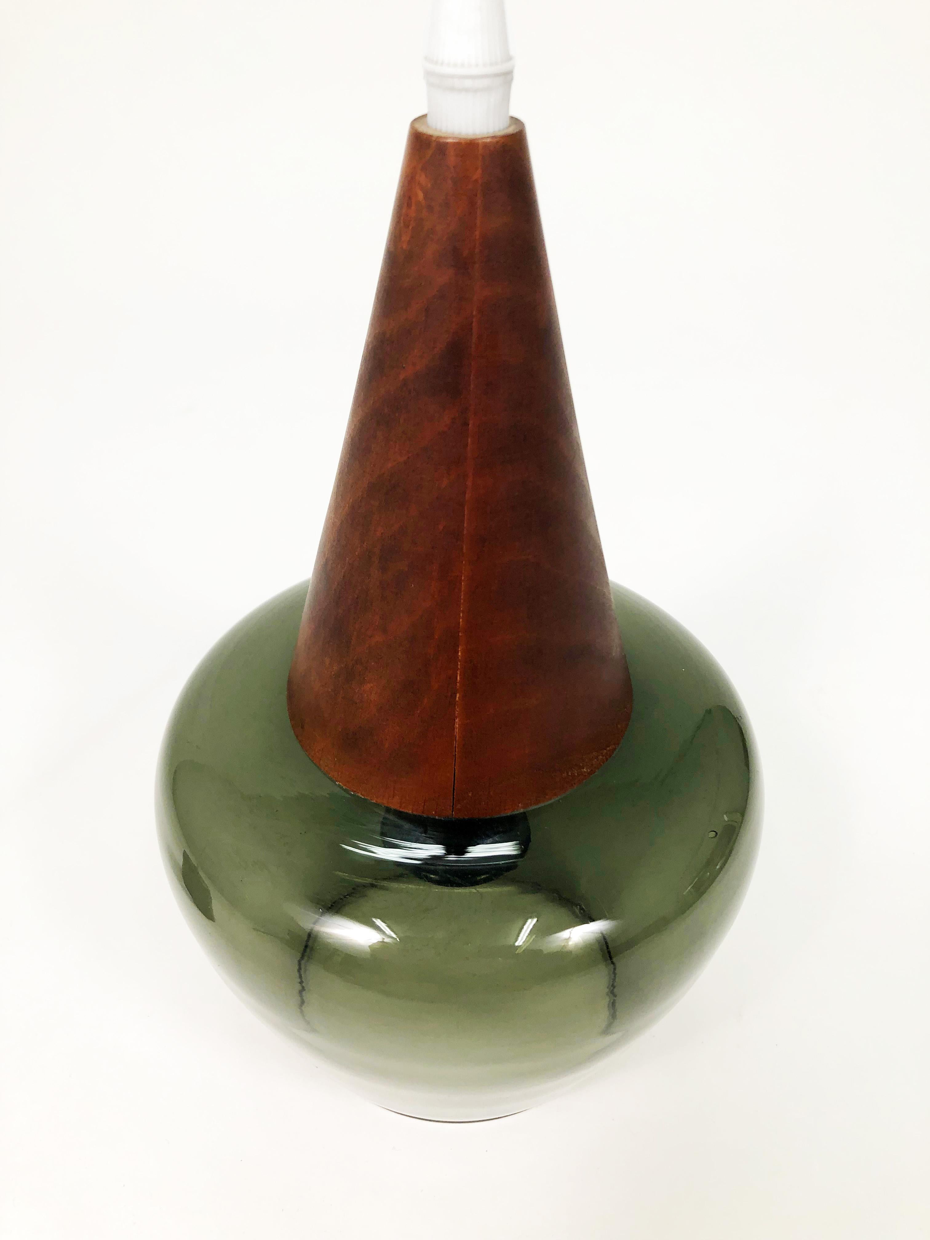 Brass Scandinavian Walnut and Hand-Blown Green Glass Pendant Lamp