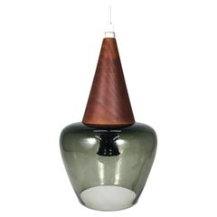 Scandinavian Walnut and Hand-Blown Green Glass Pendant Lamp