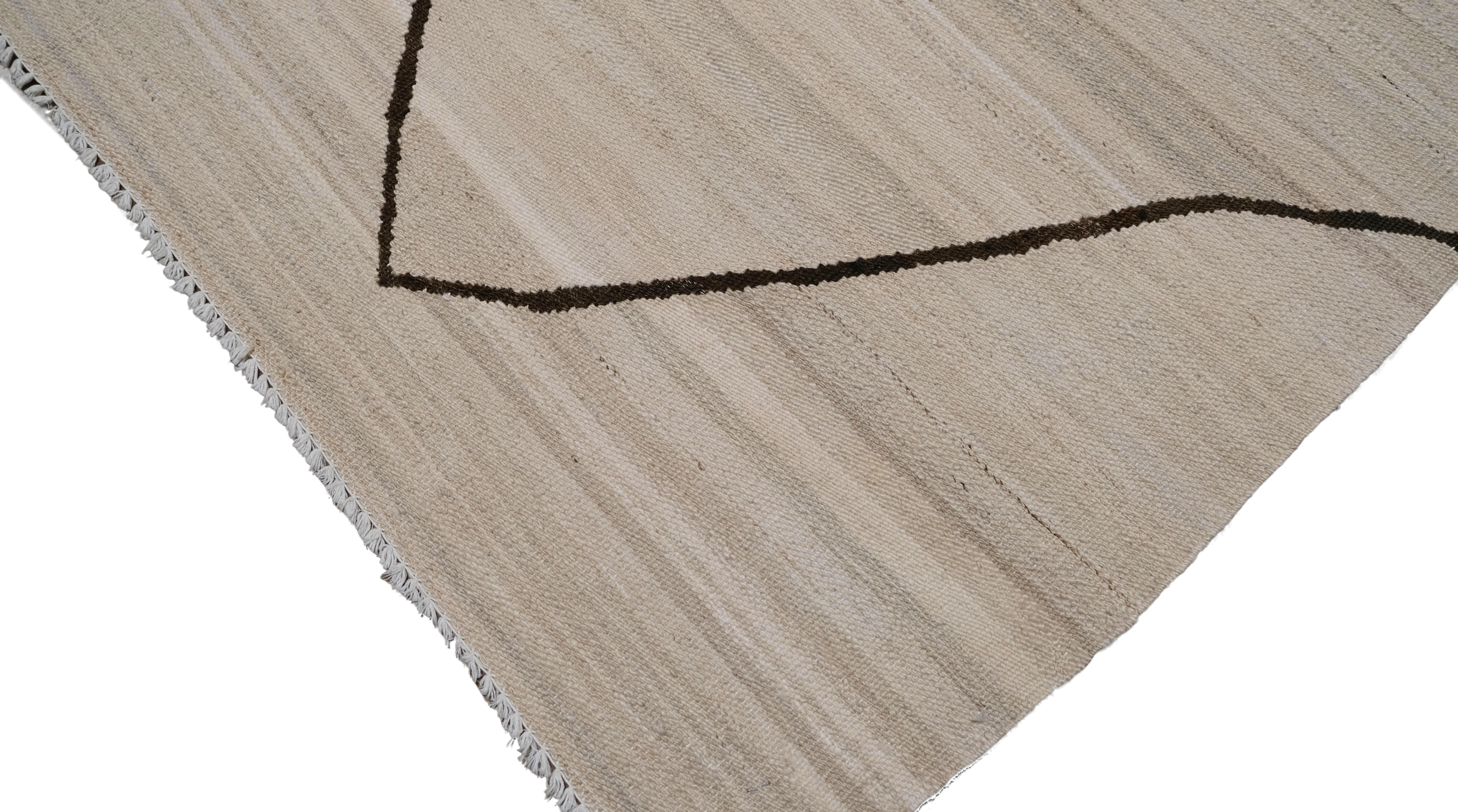 Scandinave moderne Kilim en laine ivoire et Brown Scandinavian Wave Modernity 9'x12' en vente