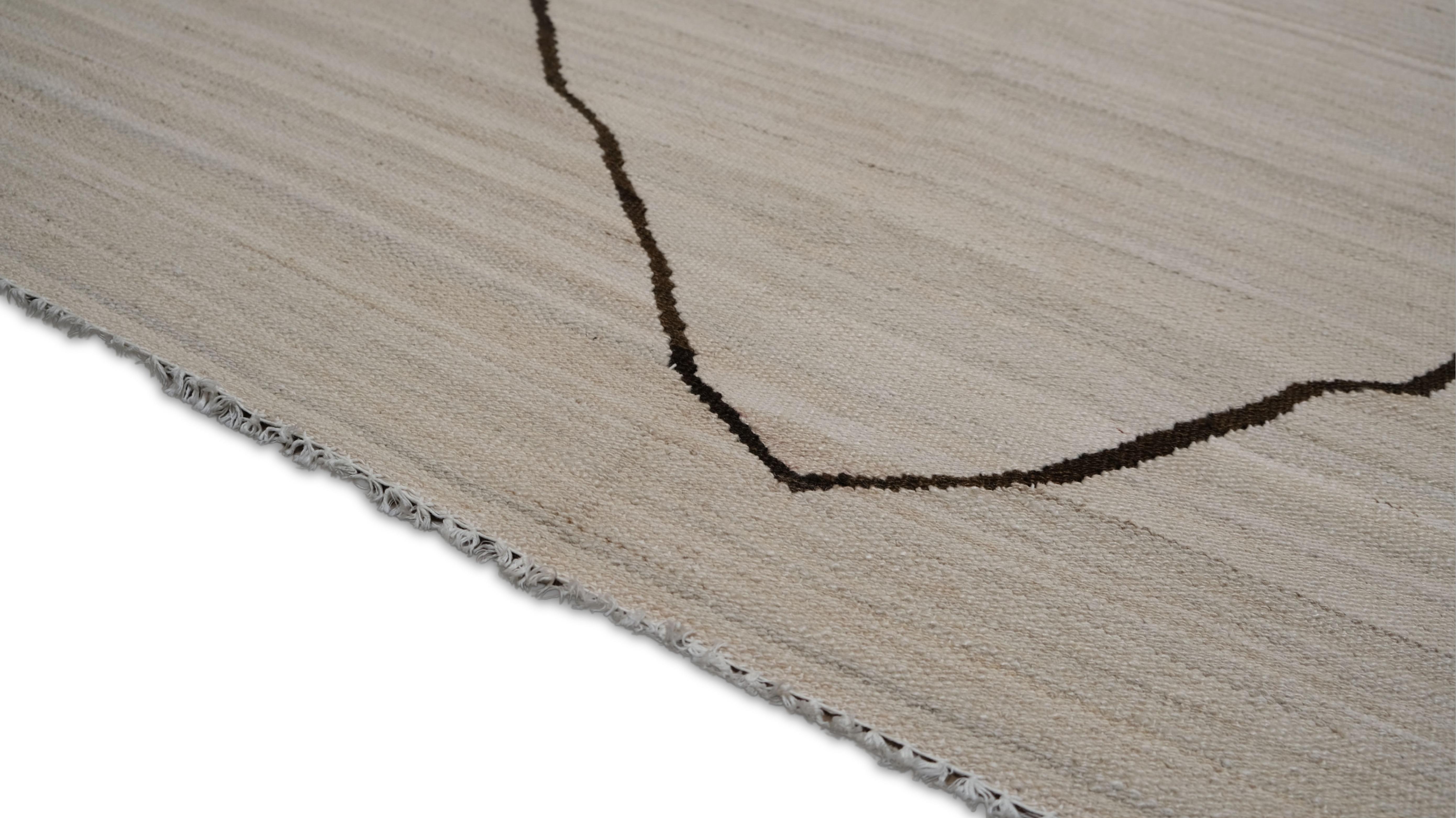Tissé à la main Kilim en laine ivoire et Brown Scandinavian Wave Modernity 9'x12' en vente